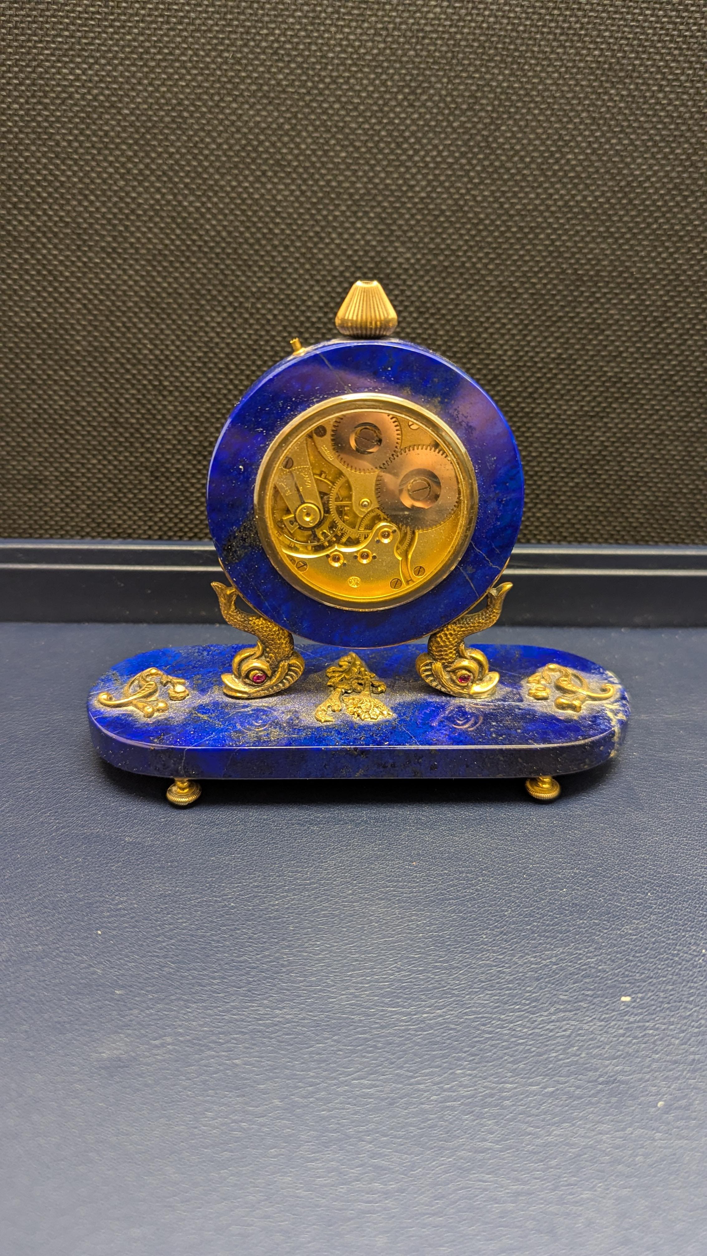 Russian Lapis Lazuli, Silver-Gilt and Gem-Set Paper Weight Desk Clock For Sale 3