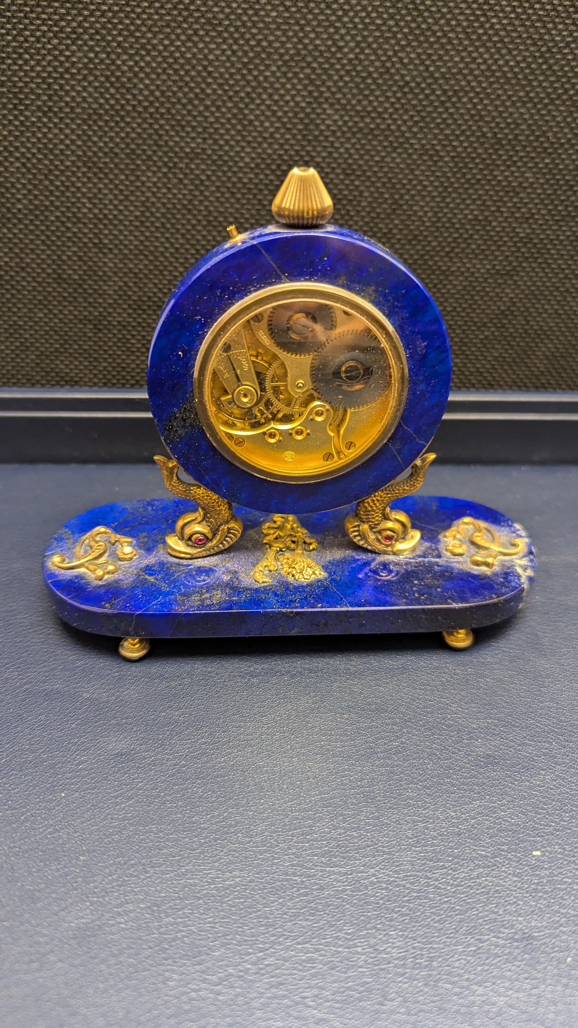 Russian Lapis Lazuli, Silver-Gilt and Gem-Set Paper Weight Desk Clock For Sale 4
