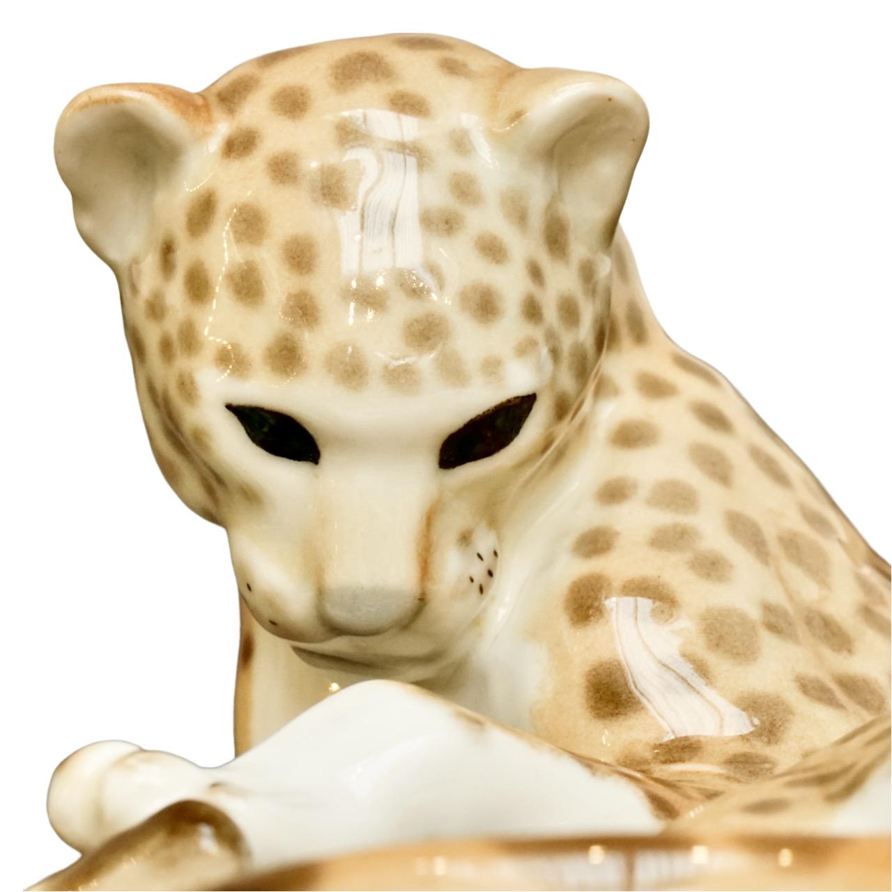 Mid-20th Century Russian Lomonosov Porcelain Large Mother Cheetah and Cub Figurines Hand Painted For Sale