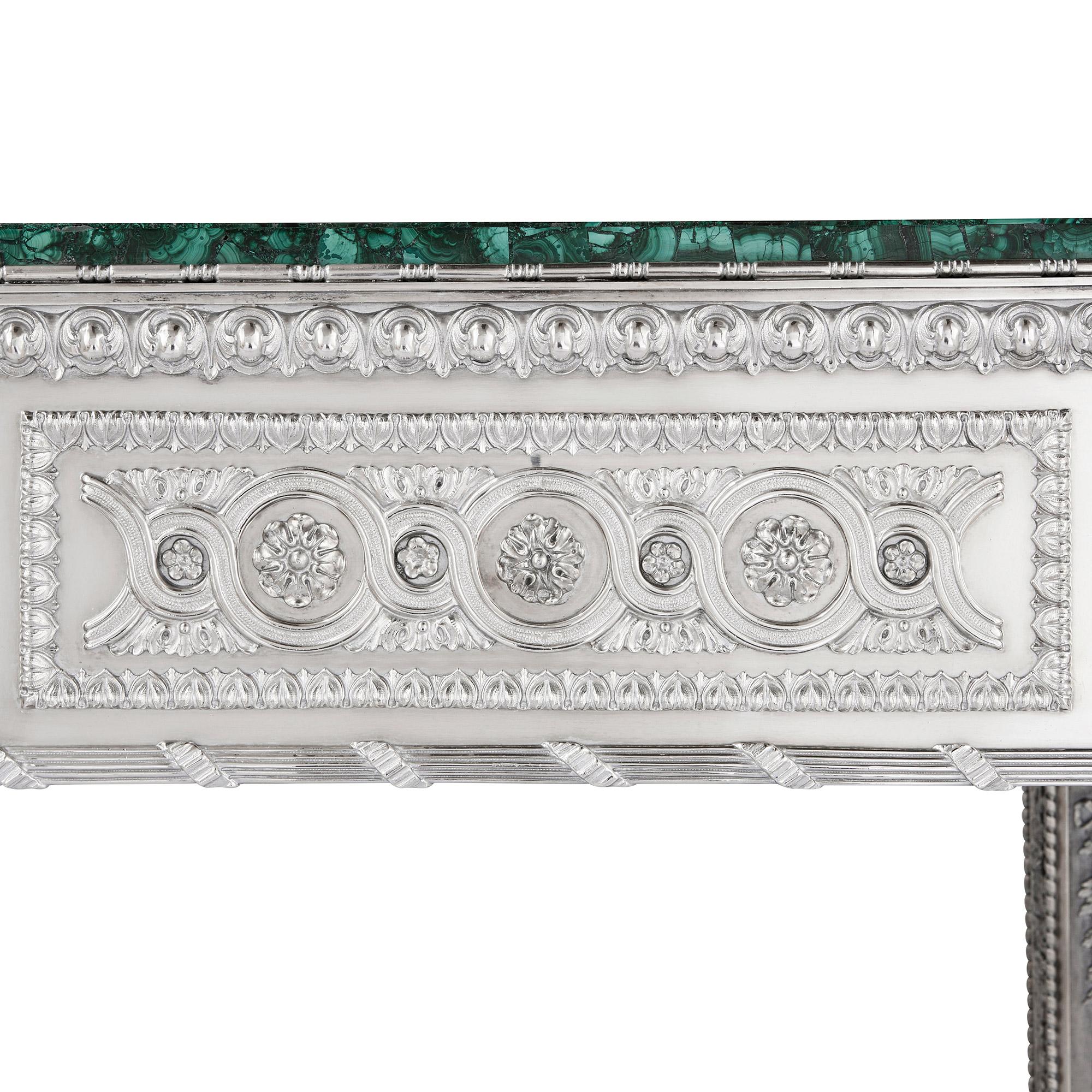 Neoclassical Russian Malachite and Silver Table by Imperial Silversmiths the Grachev Brothers For Sale