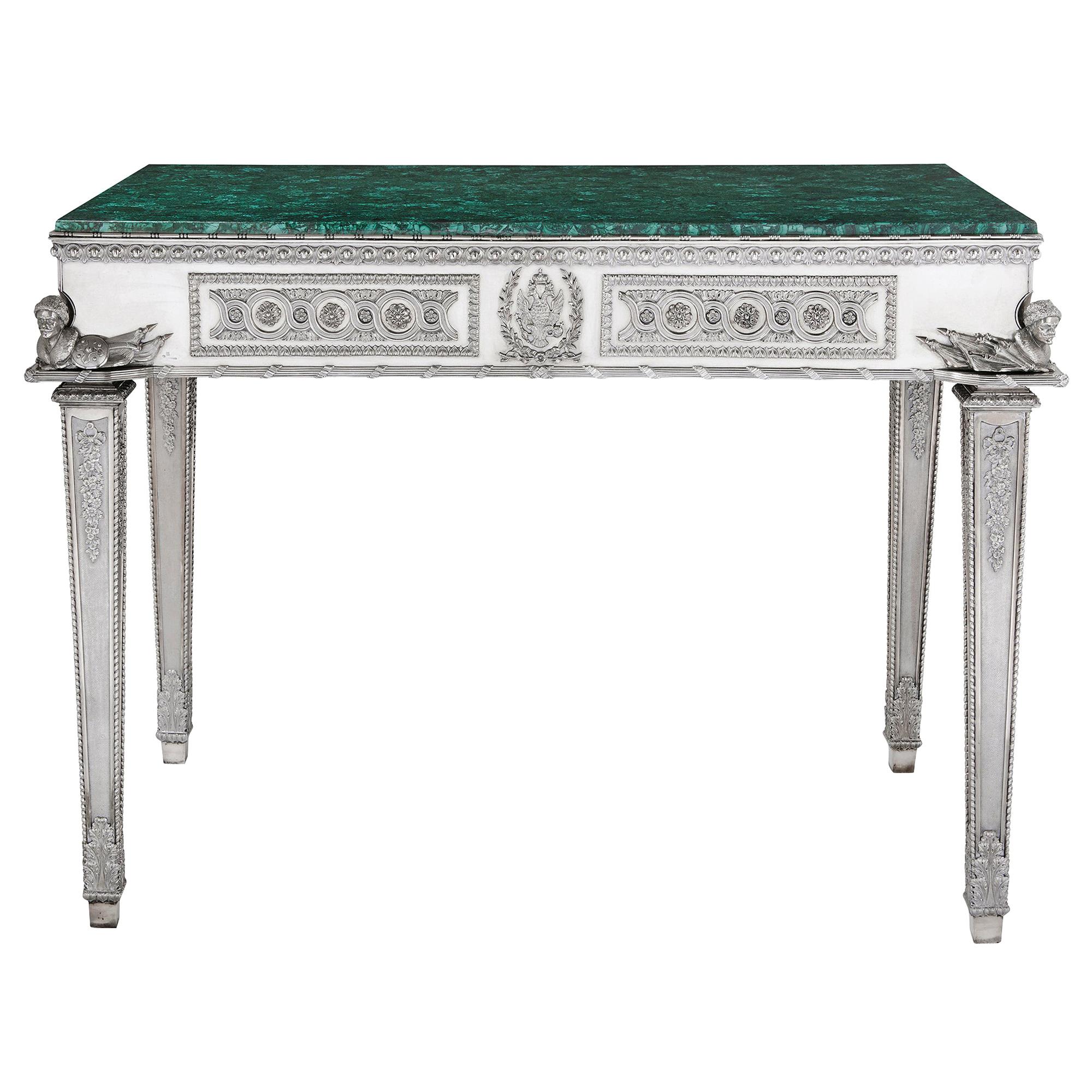 Russian Malachite and Silver Table by Imperial Silversmiths the Grachev Brothers