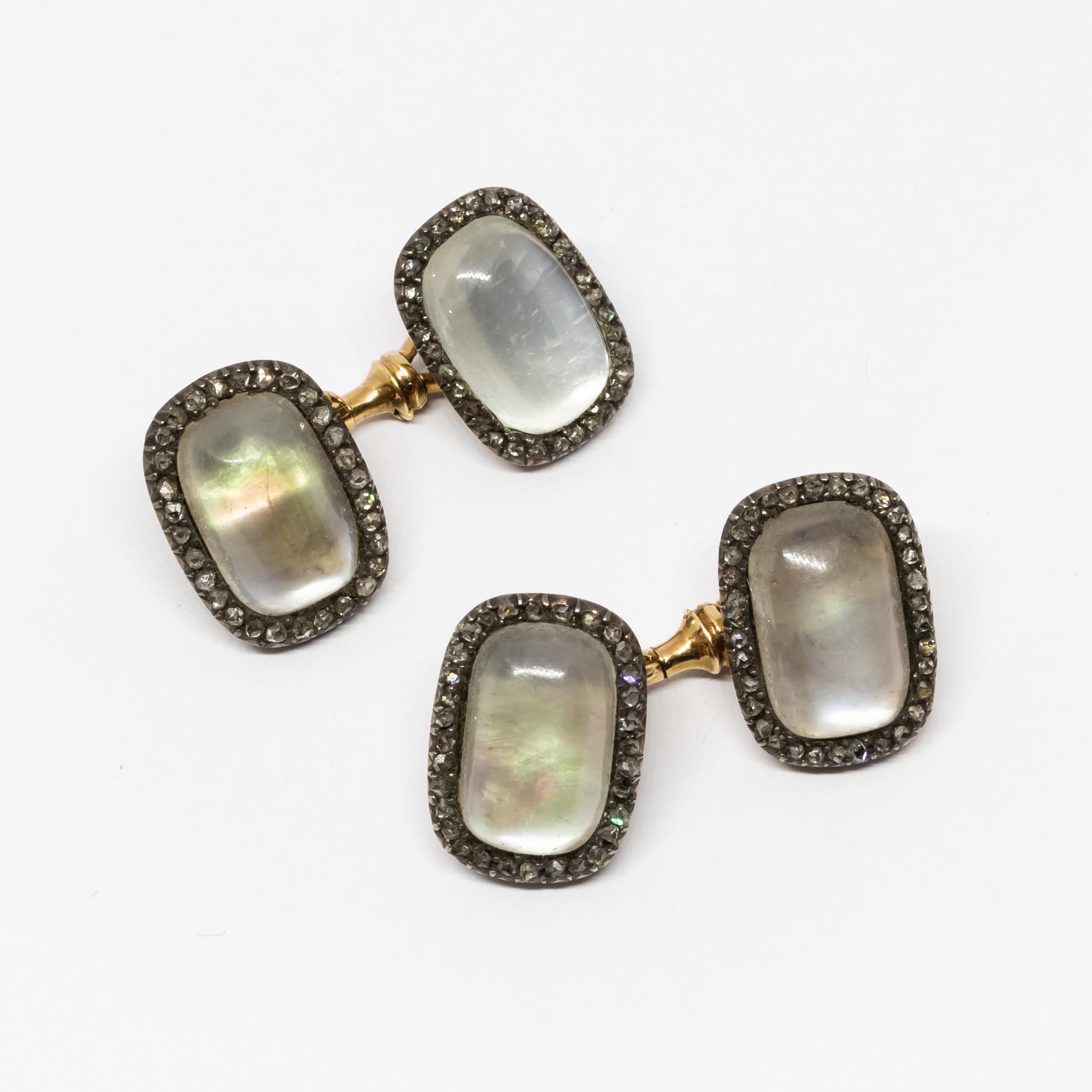 Edwardian Russian Moonstone, Diamond, Gold and Silver Cufflinks, Circa 1900 For Sale