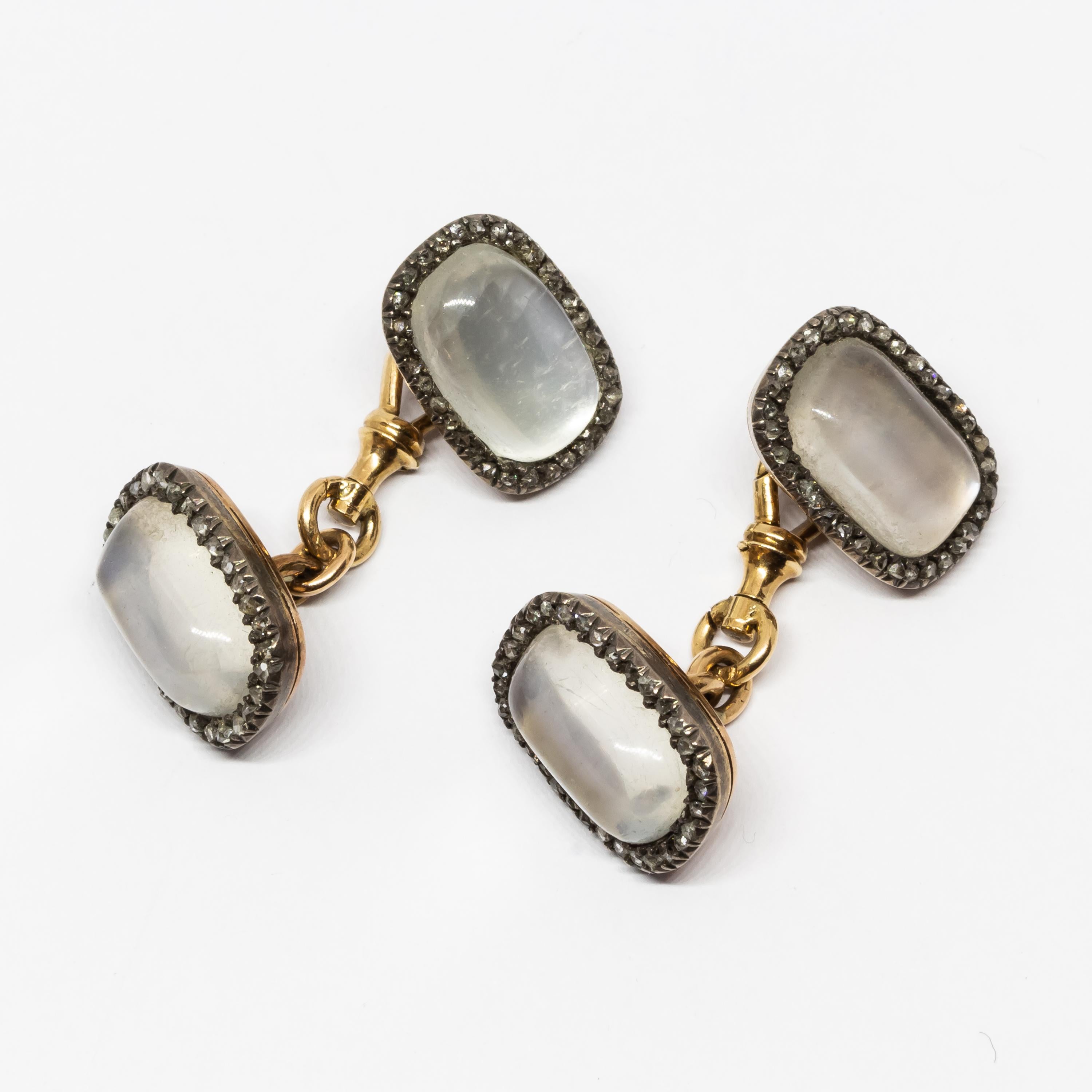 Cabochon Russian Moonstone, Diamond, Gold and Silver Cufflinks, Circa 1900 For Sale