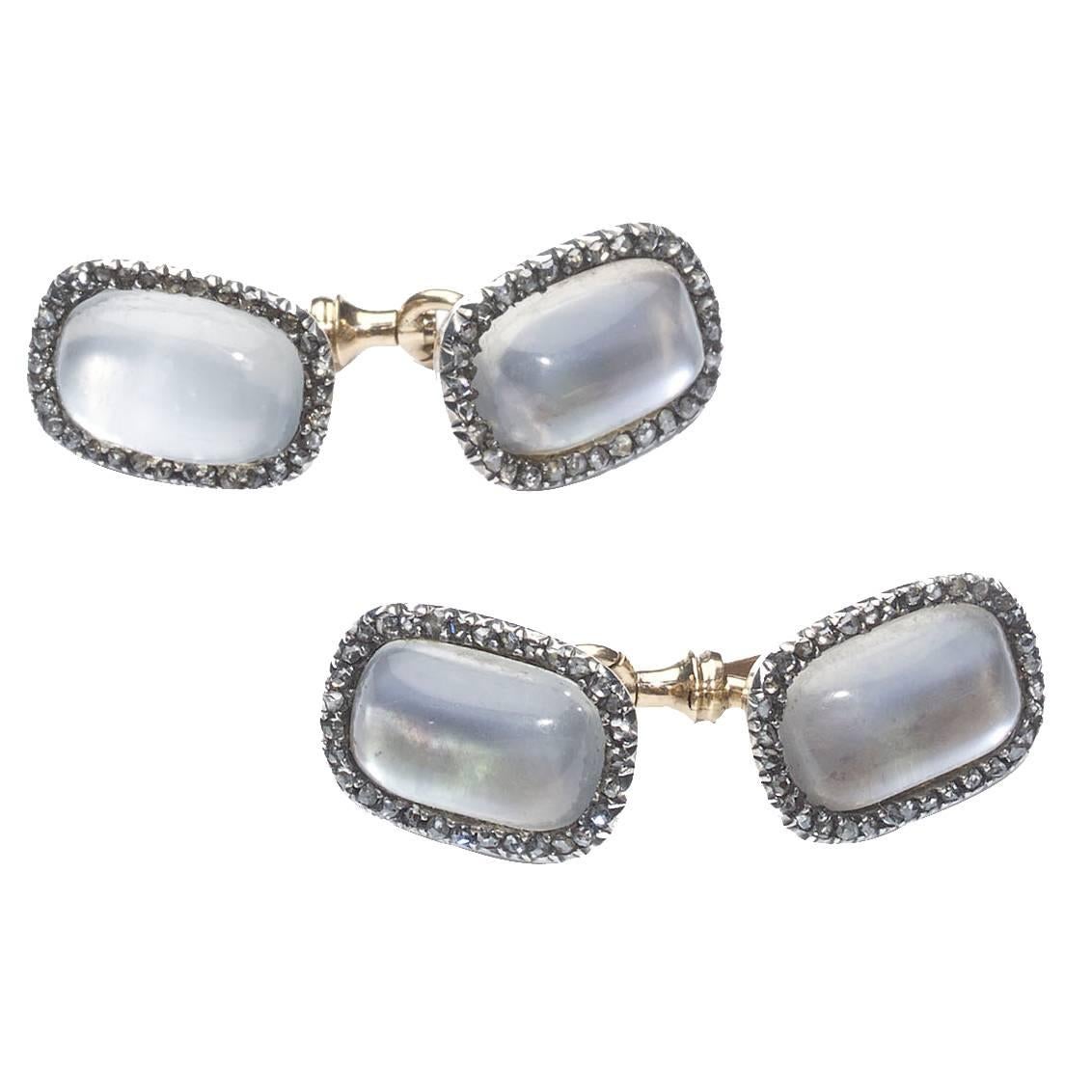 Russian Moonstone, Diamond, Gold and Silver Cufflinks, Circa 1900 For Sale