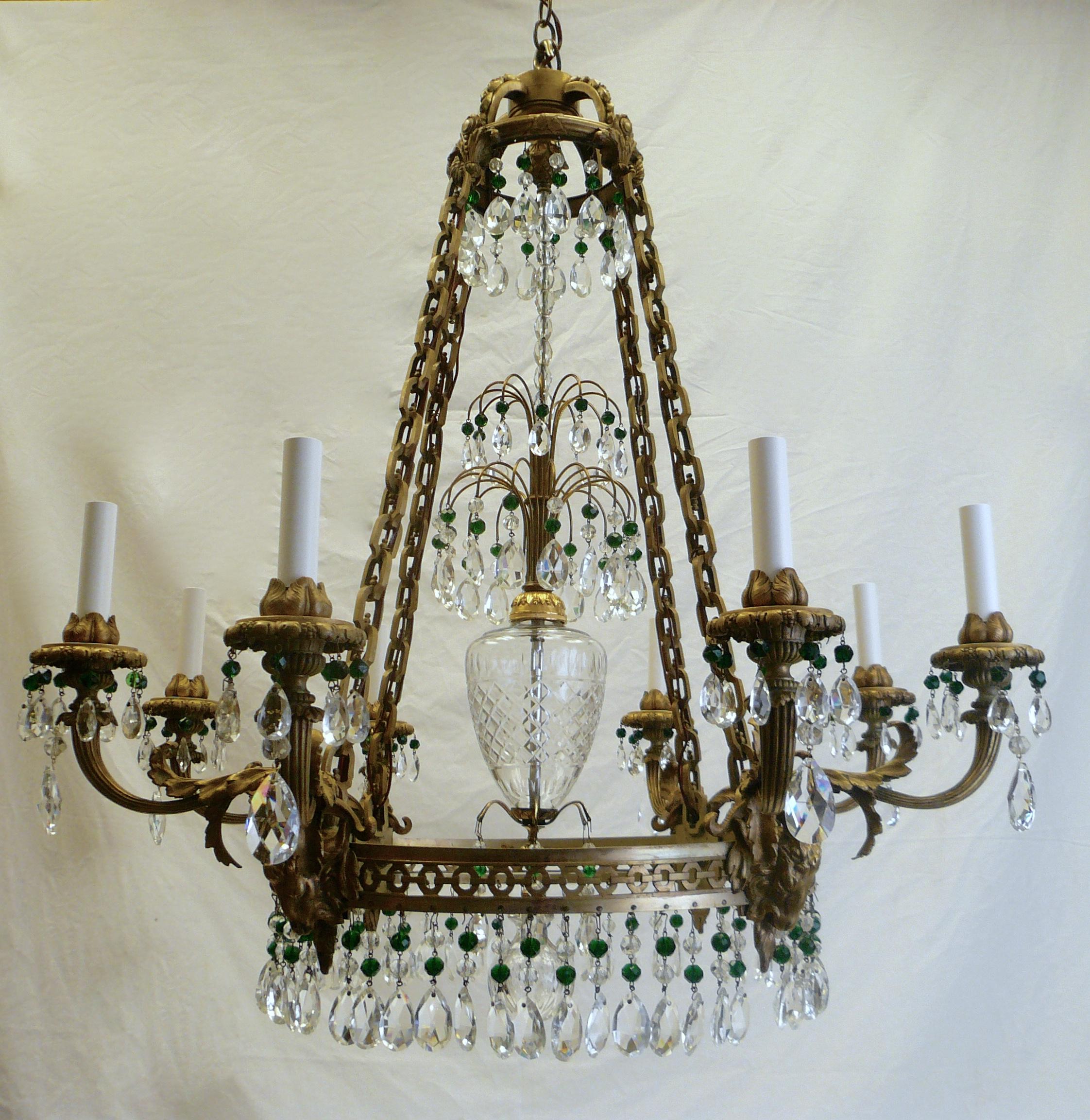 European Russian Neoclassical or Baltic Style Bronze and Crystal Chandelier For Sale