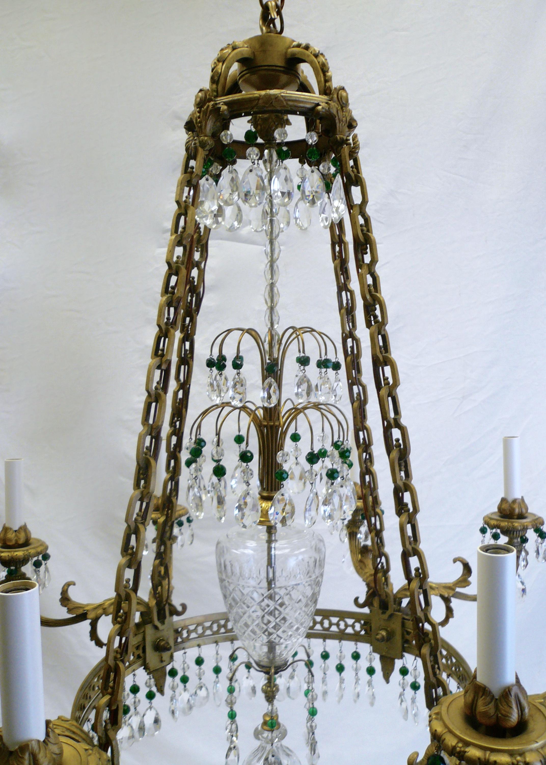 Faceted Russian Neoclassical or Baltic Style Bronze and Crystal Chandelier For Sale