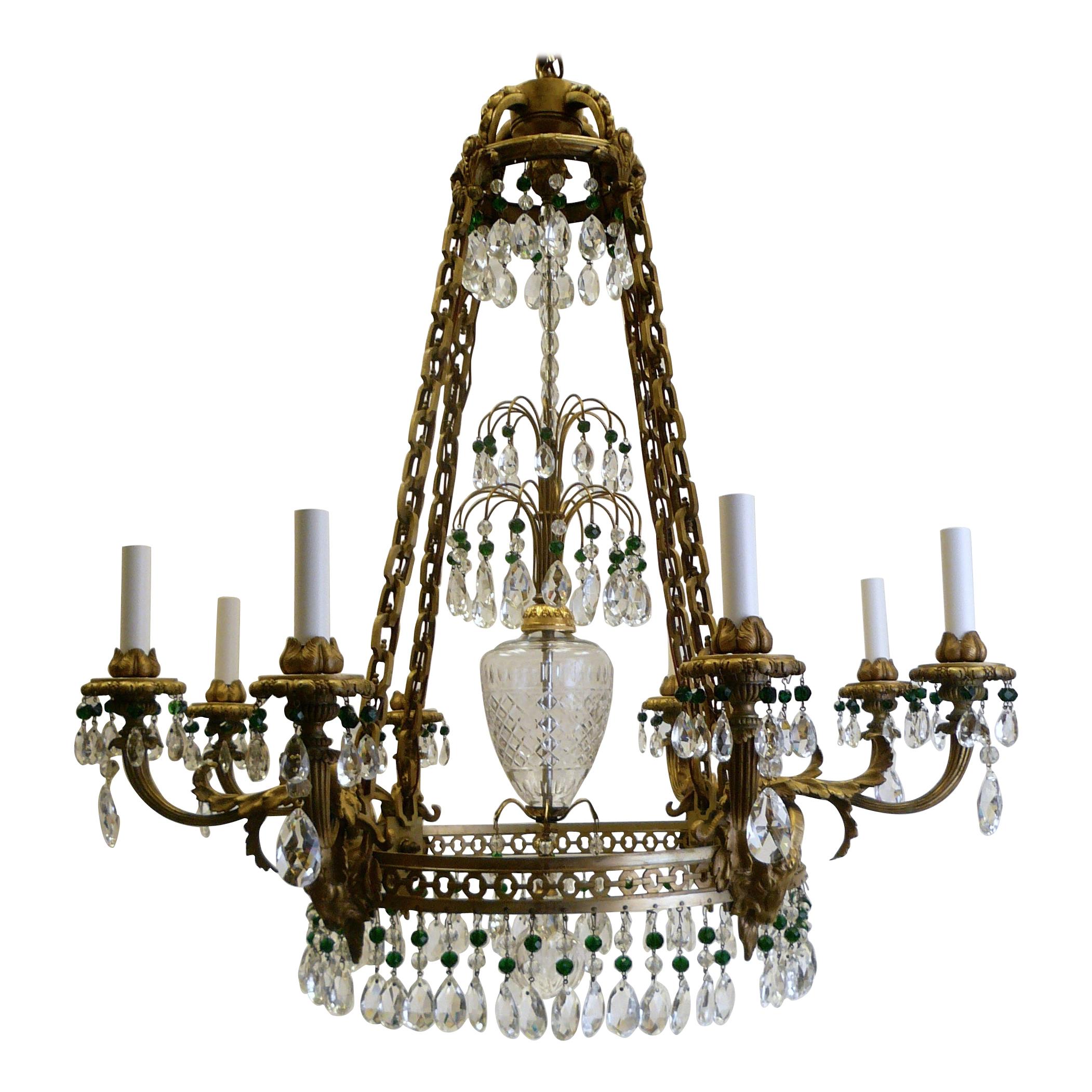 Russian Neoclassical or Baltic Style Bronze and Crystal Chandelier