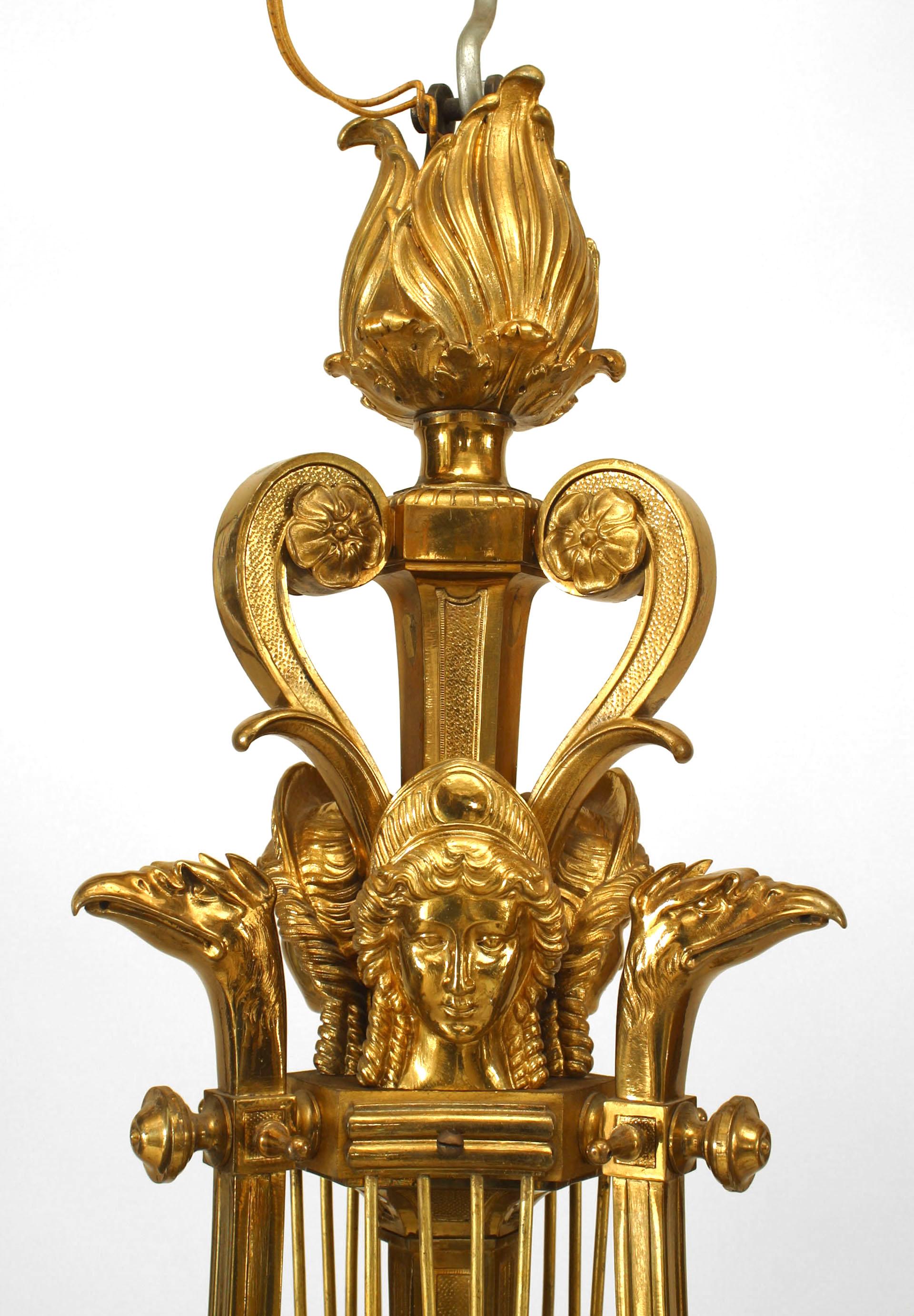 Russian Neoclassic-style (19th Century) ormolu lyre form 6 arm chandelier cast with eagle's headed scrolling arms
