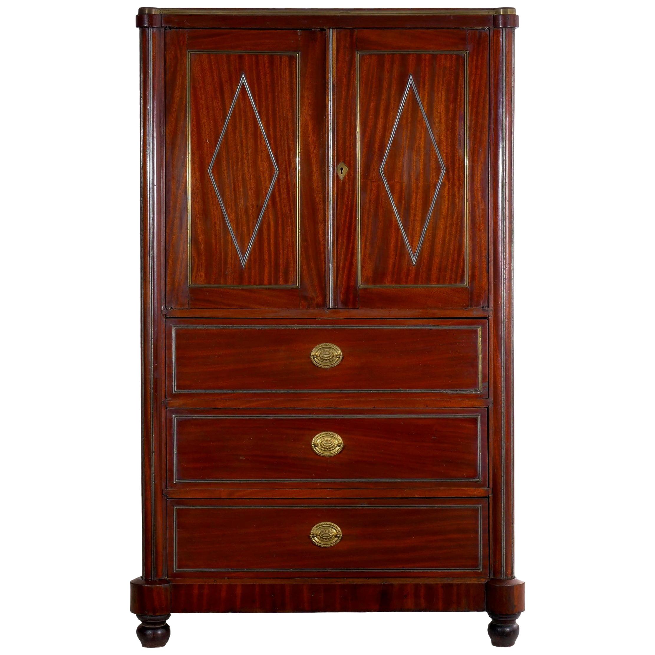 Russian Neoclassical Antique Mahogany Armoire Cabinet over Chest of Drawers