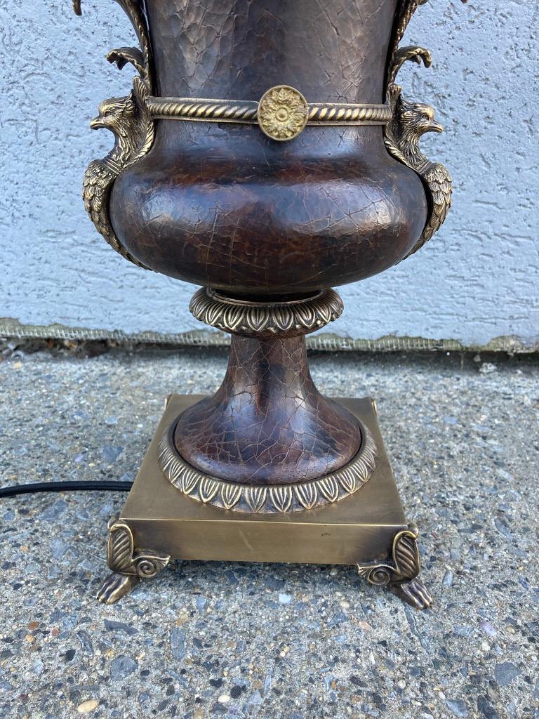Cast Russian Neoclassical Bronze and Leather Urn-Form Peacock Lamp For Sale