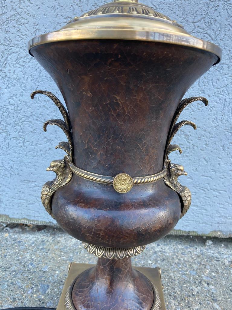 Russian Neoclassical Bronze and Leather Urn-Form Peacock Lamp In Good Condition For Sale In Stamford, CT