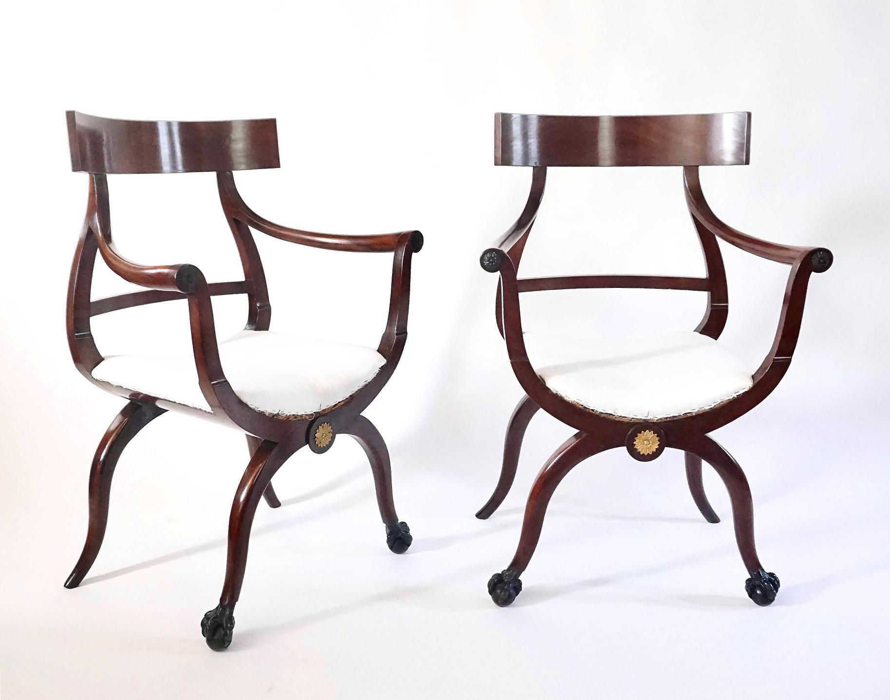 An incredibly rare and unusual pair of circa 1800 Russian or Baltic Directoire style armchairs or fauteuils of both klismos and curule variant form, the solid mahogany frames gilt-metal rosette mounted with upholstered cupped seats and finely carved