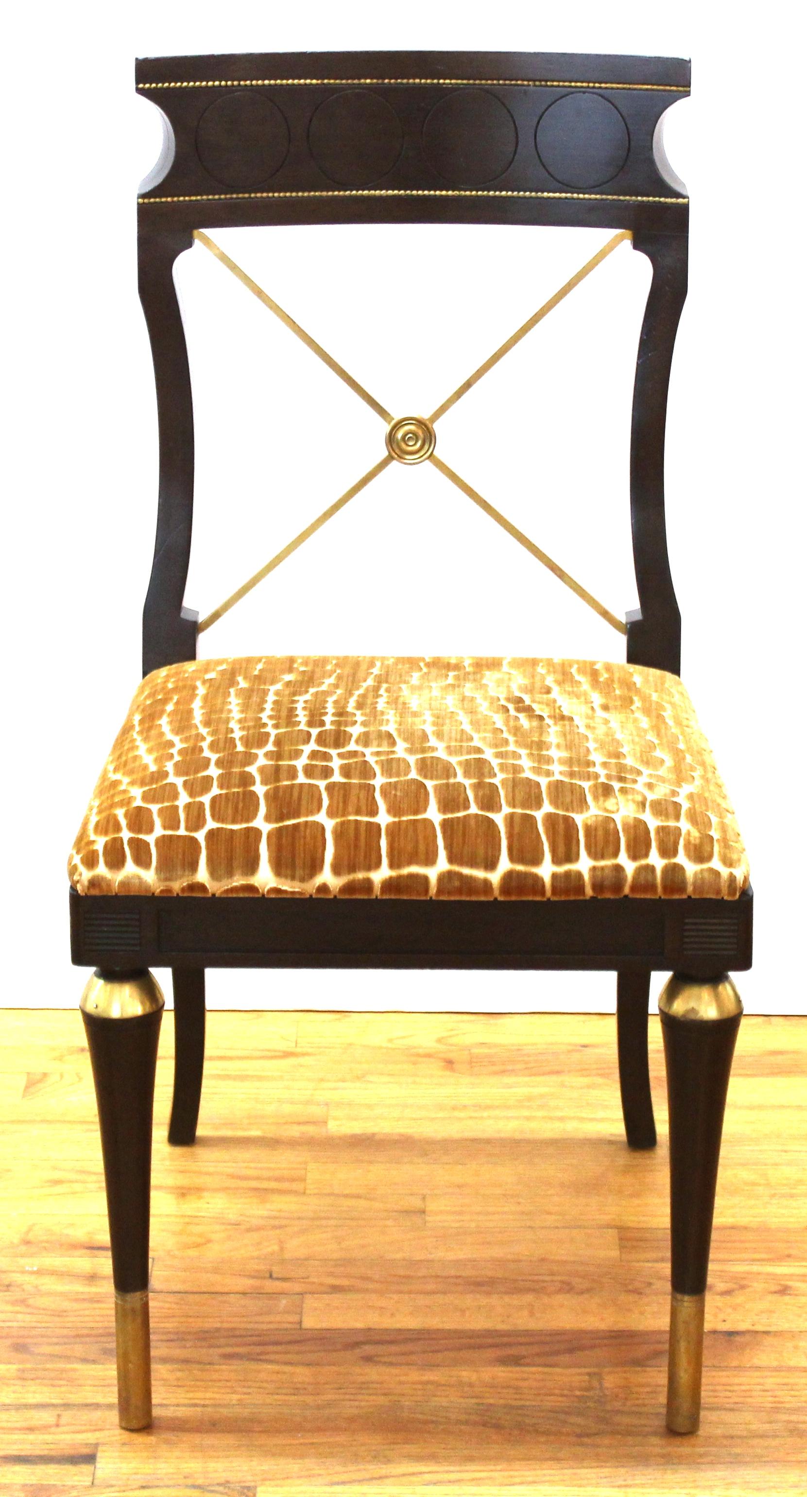 Russian neoclassical or Empire Revival style set of carved wood and metal dining chairs, set of 8, with animal pattern print upholstery. In great vintage condition with age-appropriate wear and use.
From the Estate of designer, model, television