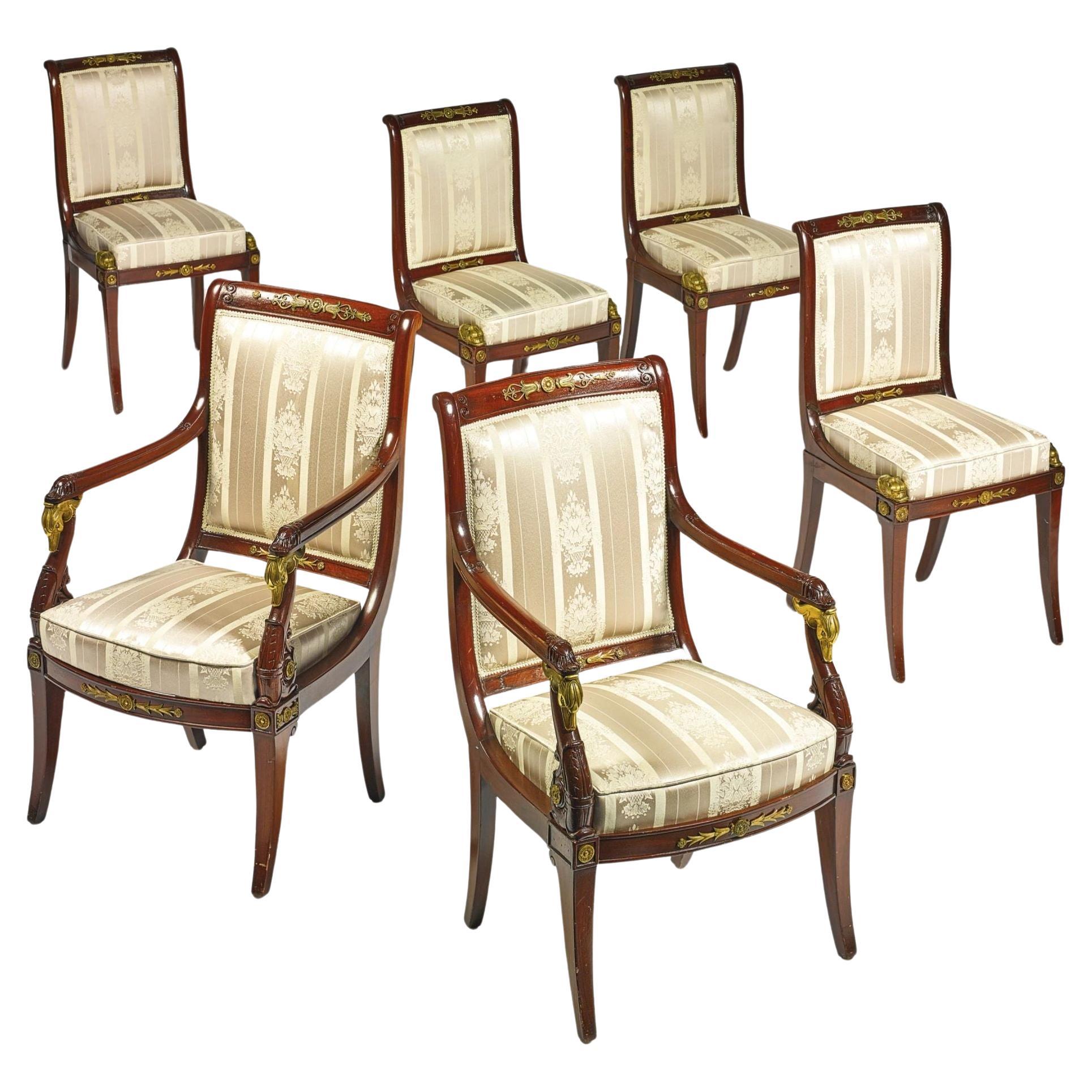 Russian Neoclassical, Six Dining Chairs, Mahogany, Bronze, Fabric, Sothebys Prov