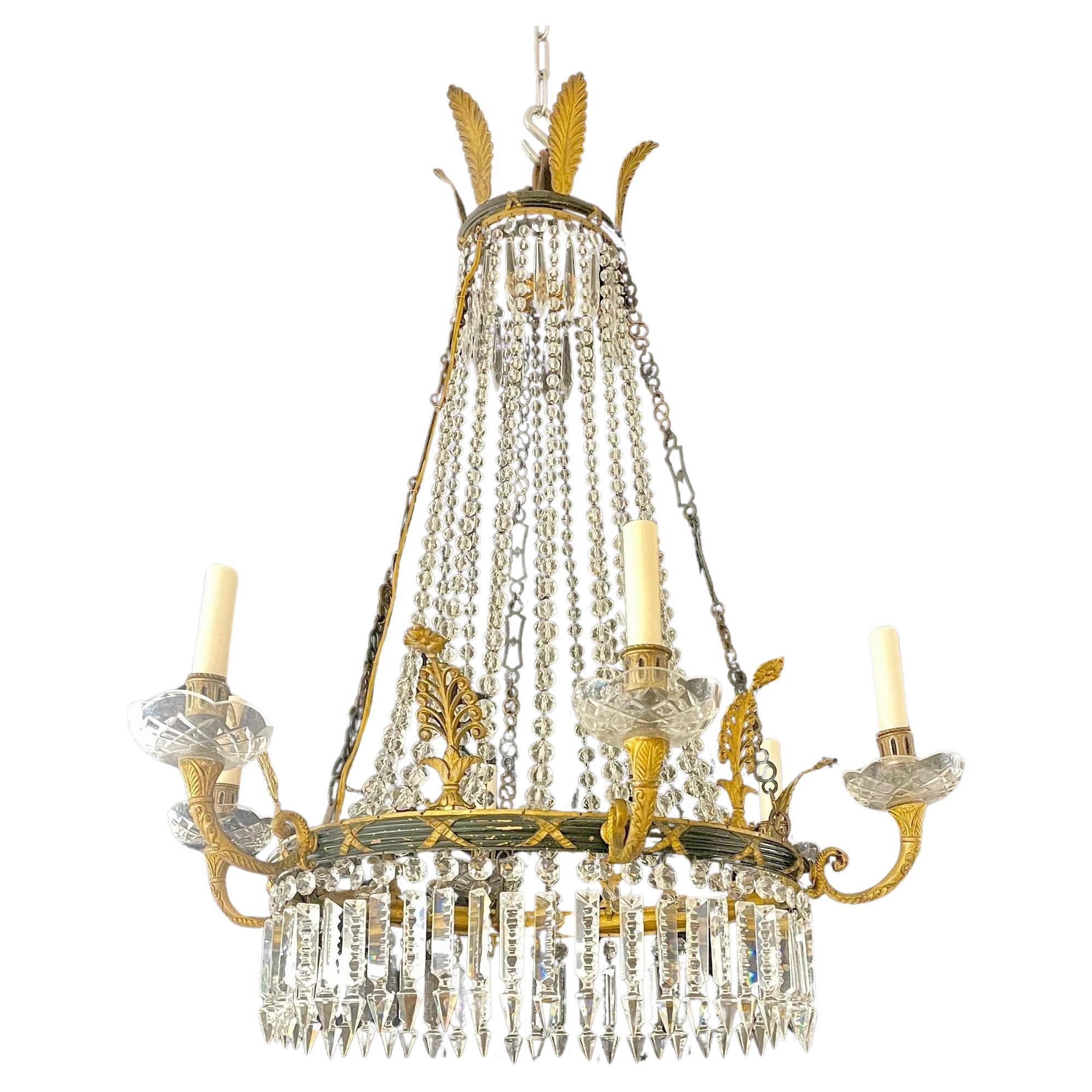 Russian Neoclassical Six Light Chandelier, Bronze and Crystal