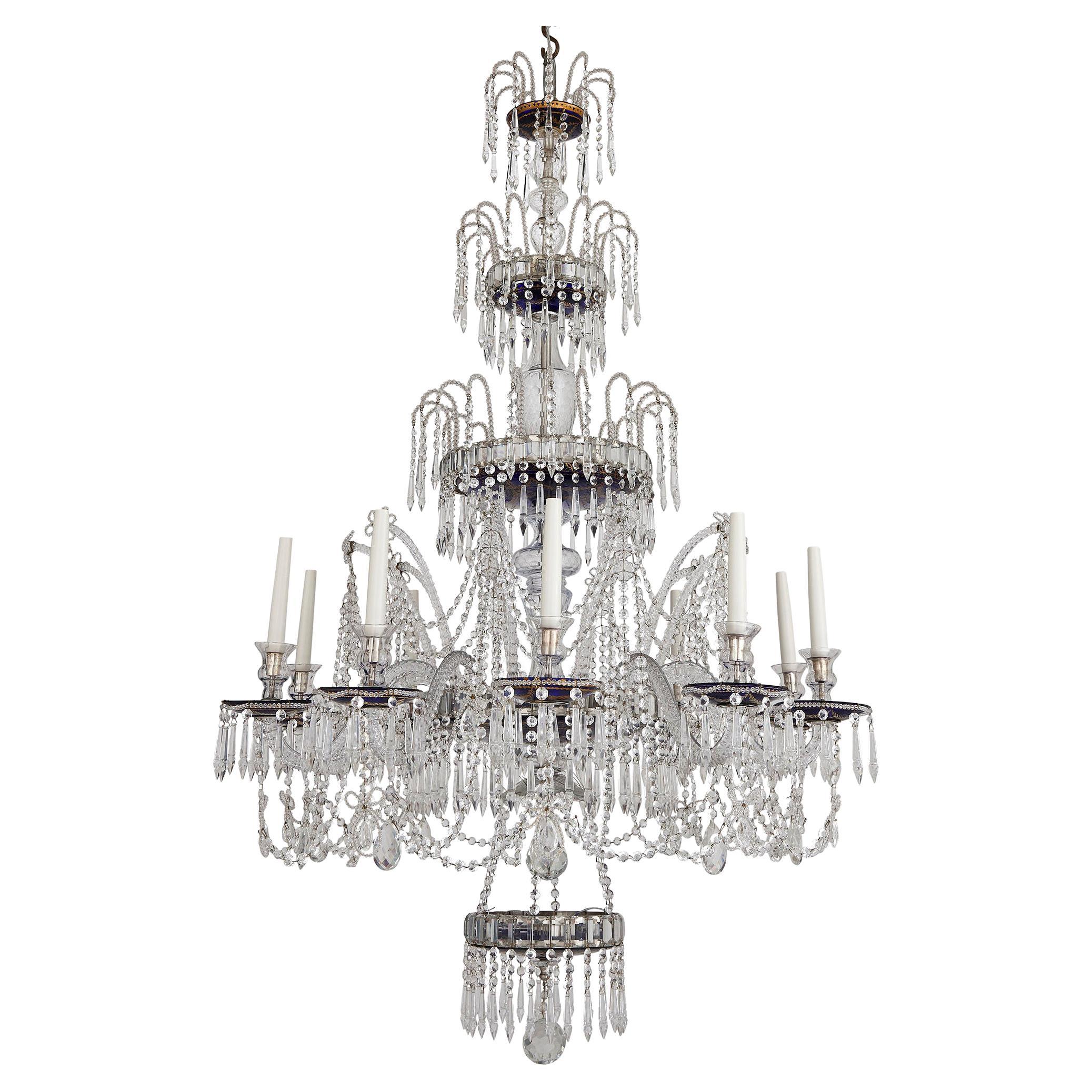 Russian Neoclassical Style Clear and Blue Cut Glass Chandelier