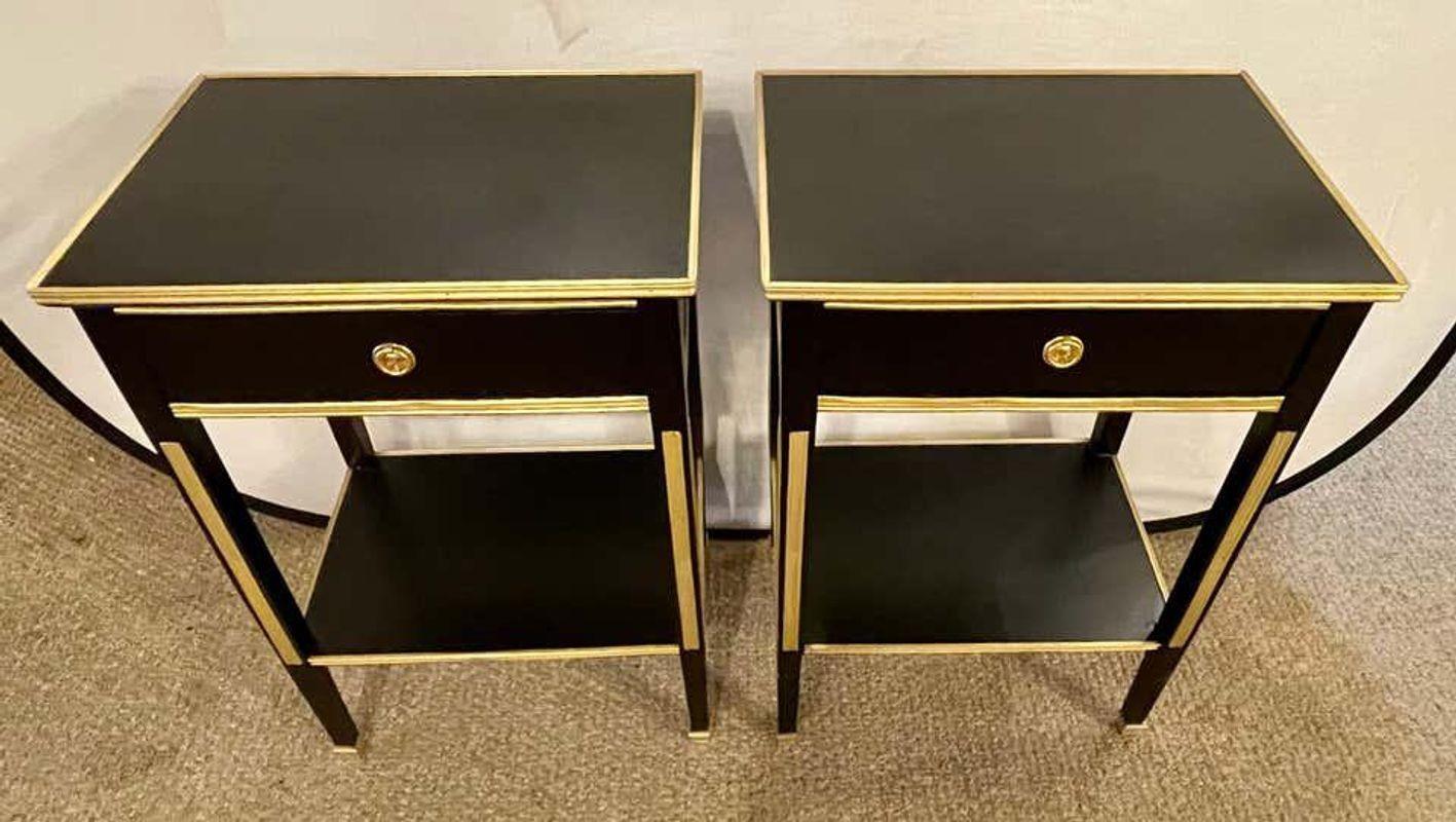 Louis XVI Russian Neoclassical Style Ebony Finish One Drawer Stands or End Tables, a Pair For Sale