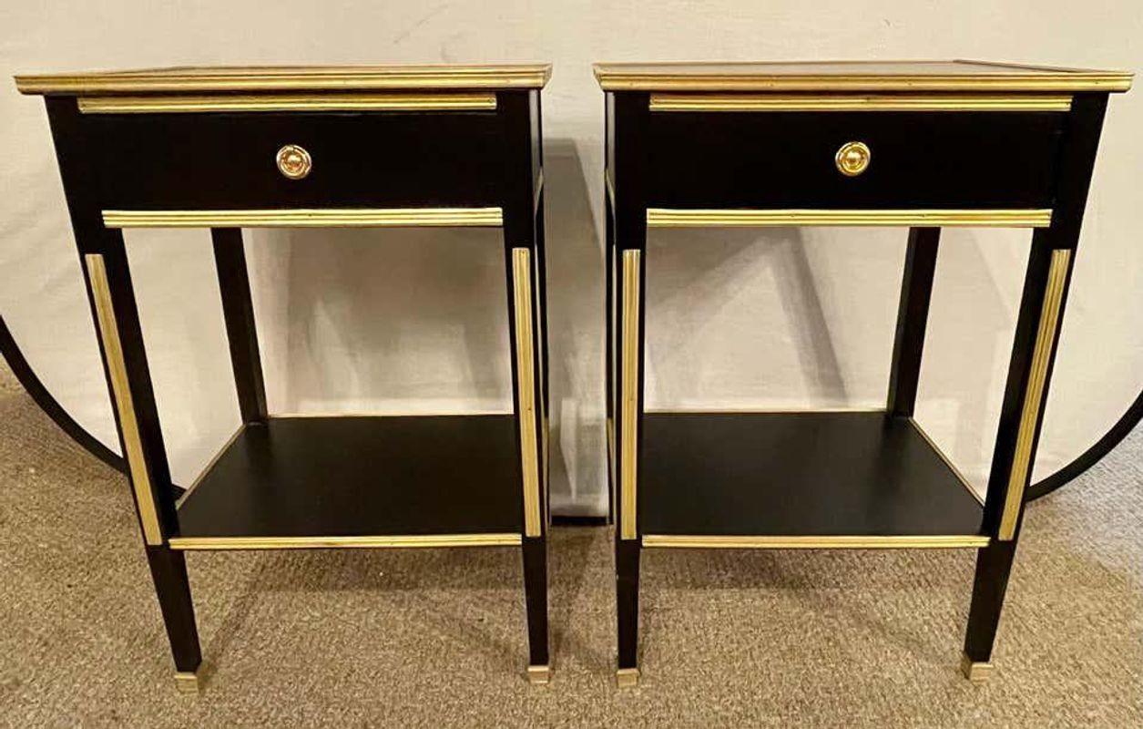 Bronze Russian Neoclassical Style Ebony Finish One Drawer Stands or End Tables, a Pair For Sale