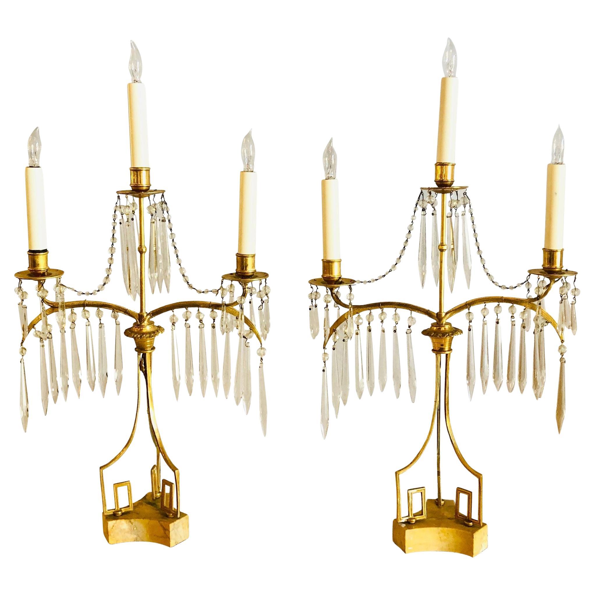 Russian Neoclassical, Table Lamps, Dore Bronze, Crystal, France, 19th C.