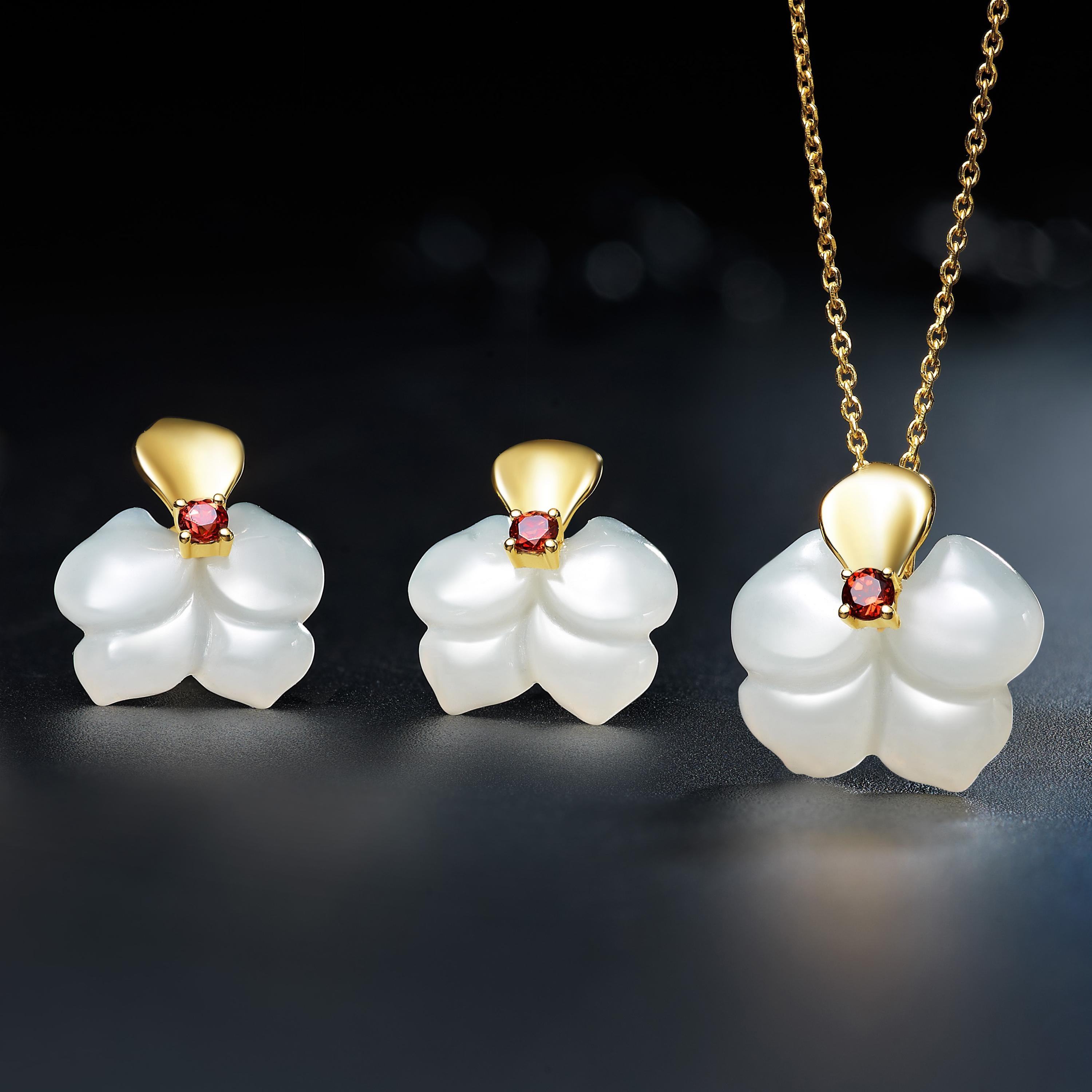 Description:
Earrings - Orchid stud earrings with orchid carved Russian nephrite and red garnets, set in 14 karat yellow gold.

Necklace - Orchid necklace with orchid carved Russian nephrite and red garnet, set in 14 karat yellow gold. The chain is