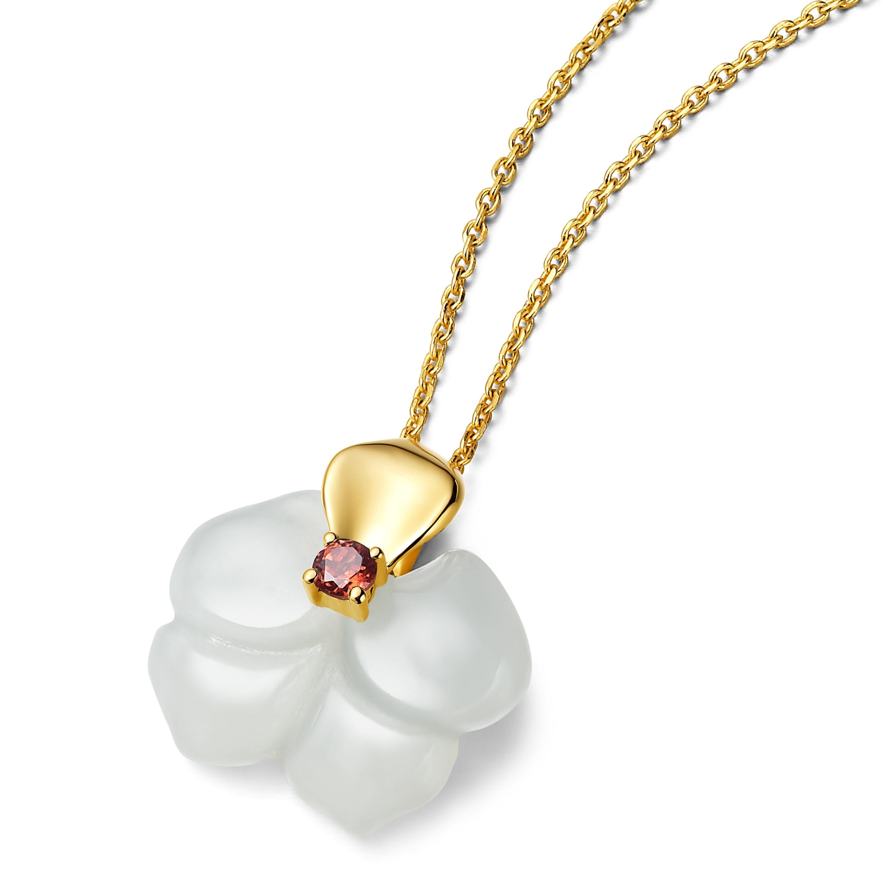 Contemporary Russian Nephrite Orchid Garnet 14 Karat Yellow Gold Necklace Earrings Set For Sale