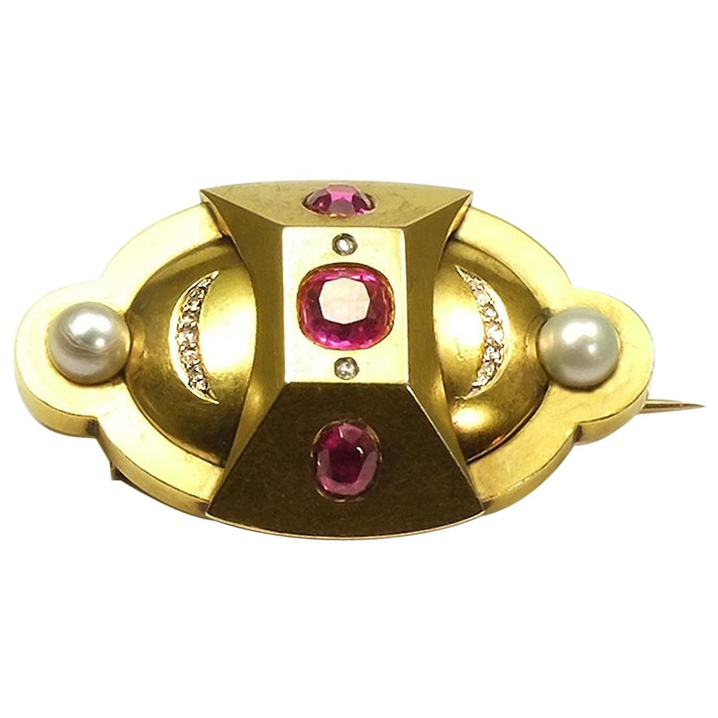 Russian No-Heat Ruby ​​Natural Pearls Diamond Brooch Friedrich Köchli circa 1870 For Sale