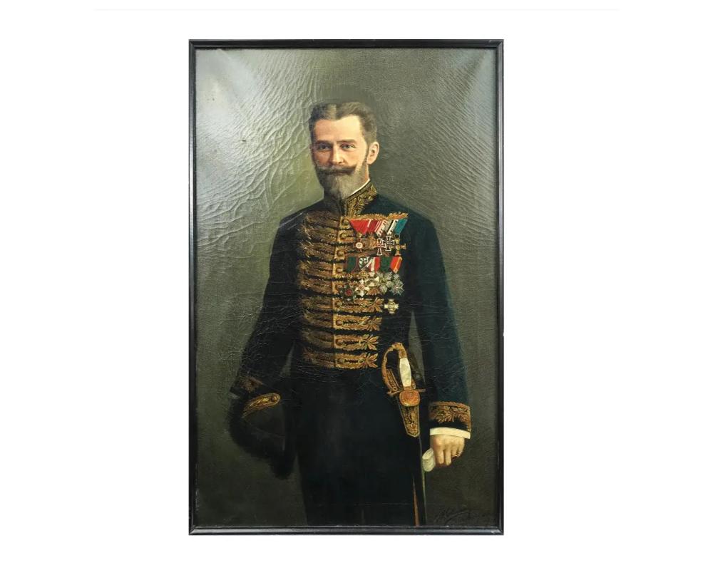Oil on canvas painting depicting a nearly full-length portrait of a senior military officer in parade uniform with medals and awards. Presumably a European diplomat. Signed by the artist, A. Hartmann, and dated Petersburg, May 1912 in the lower