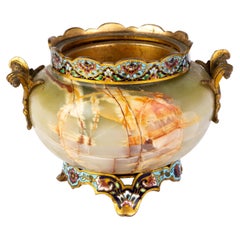 Vase jardinière russe en onyx et émail champlevé du 19ème siècle 