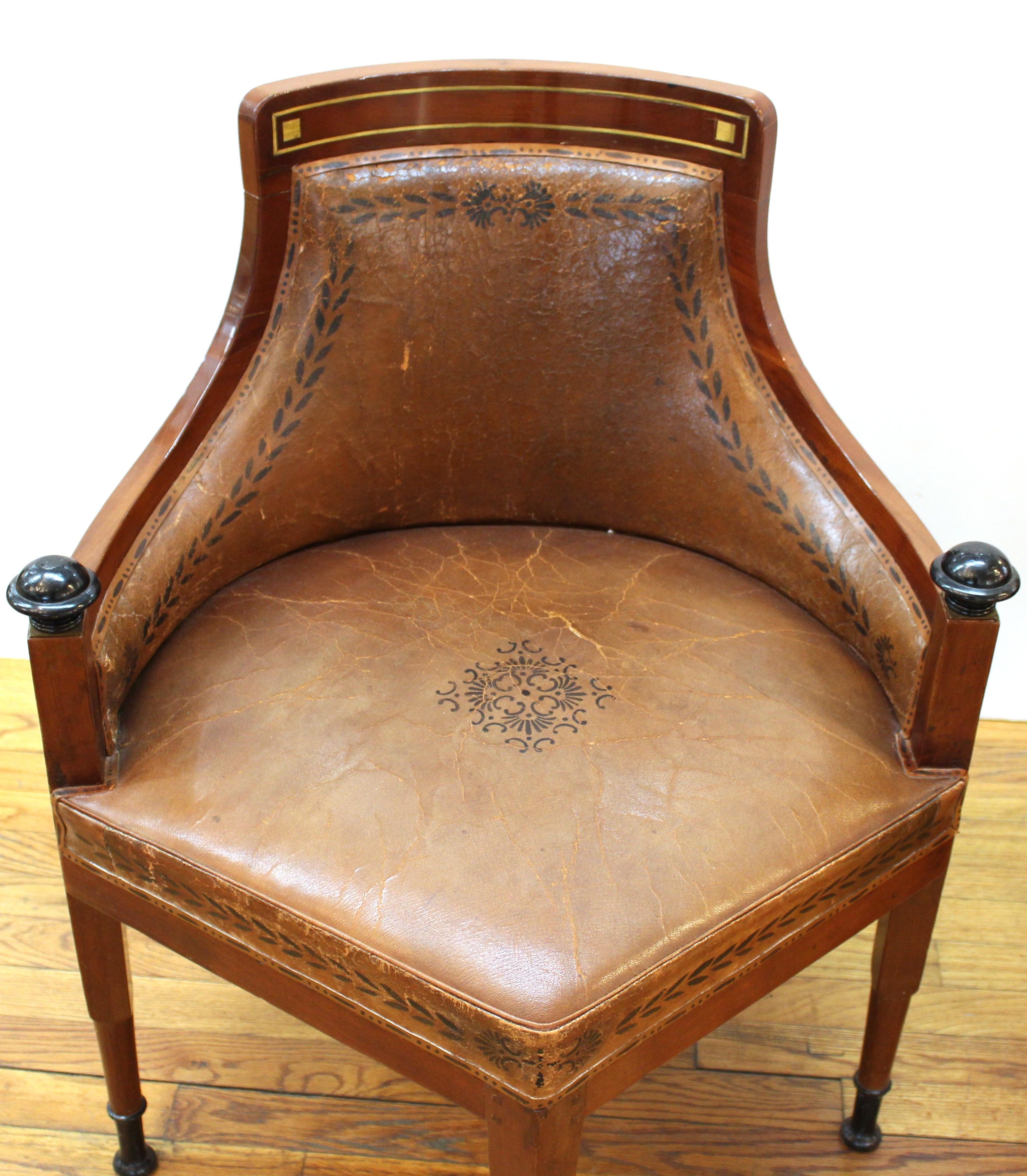 19th Century Russian or Baltic Empire Desk or Corner Chairs With Stenciled Leather Seats