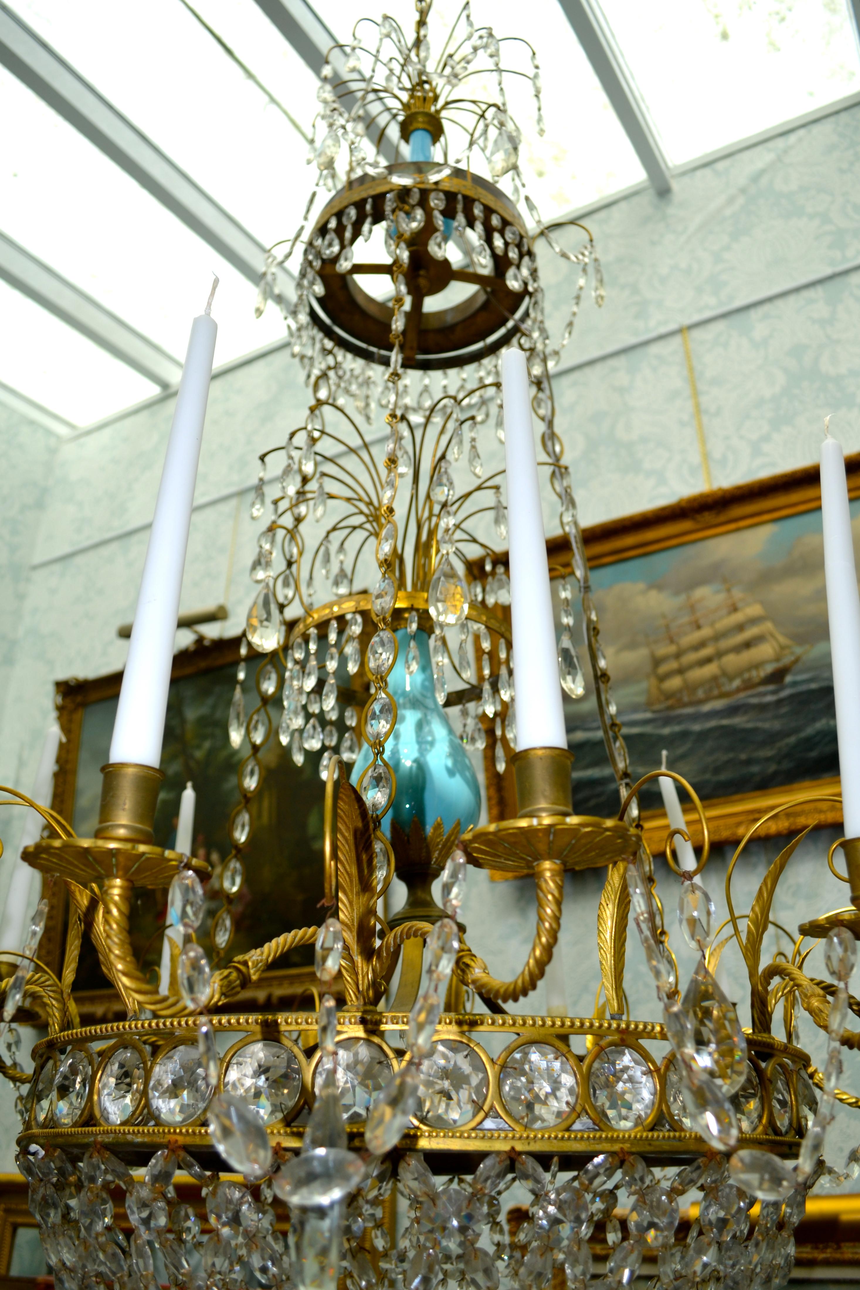 Russian or Swedish Empire  Crystal, Turquoise Glass and  Gilt Bronze Chandelier For Sale 5