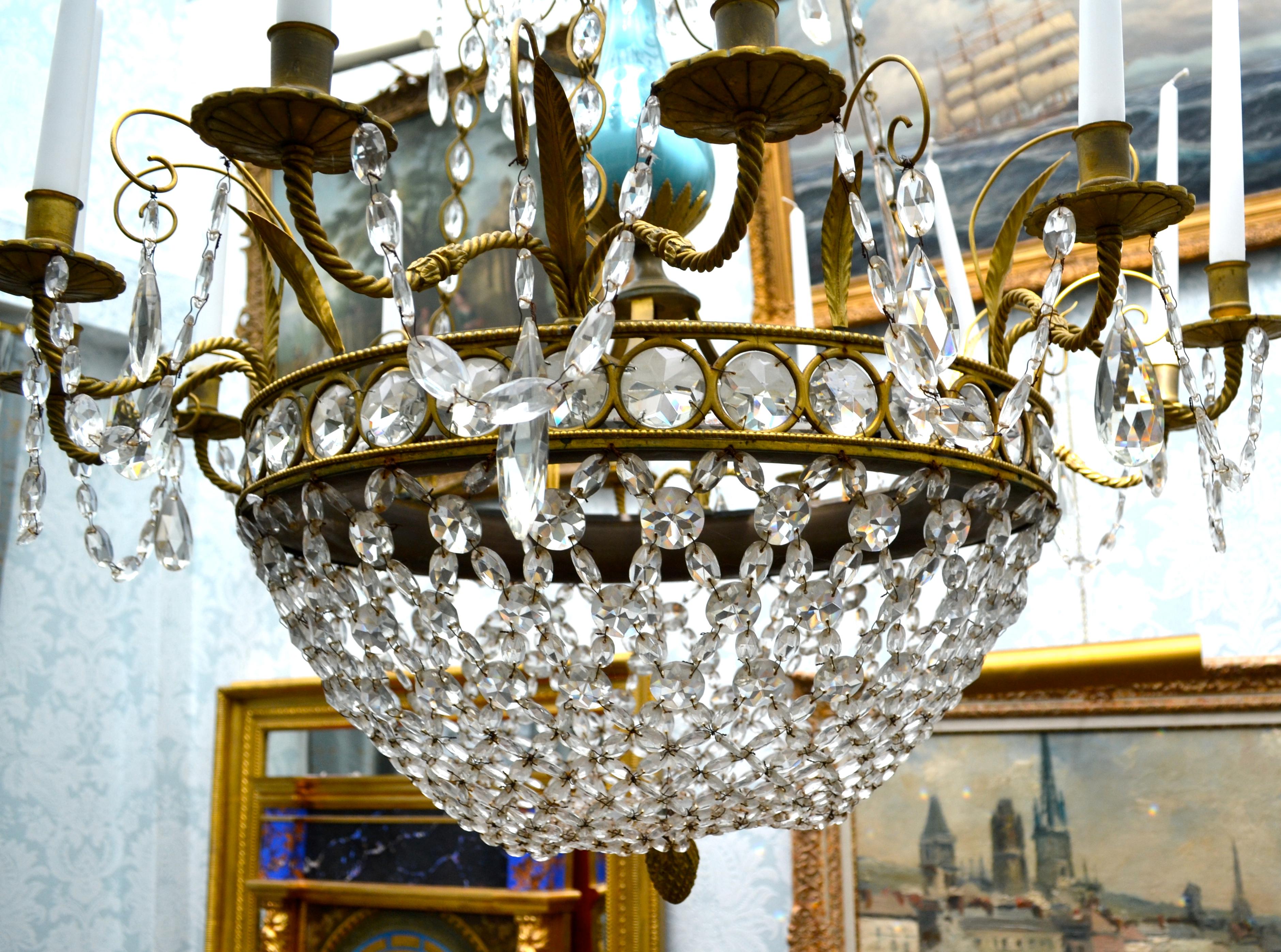 Russian or Swedish Empire  Crystal, Turquoise Glass and  Gilt Bronze Chandelier For Sale 6