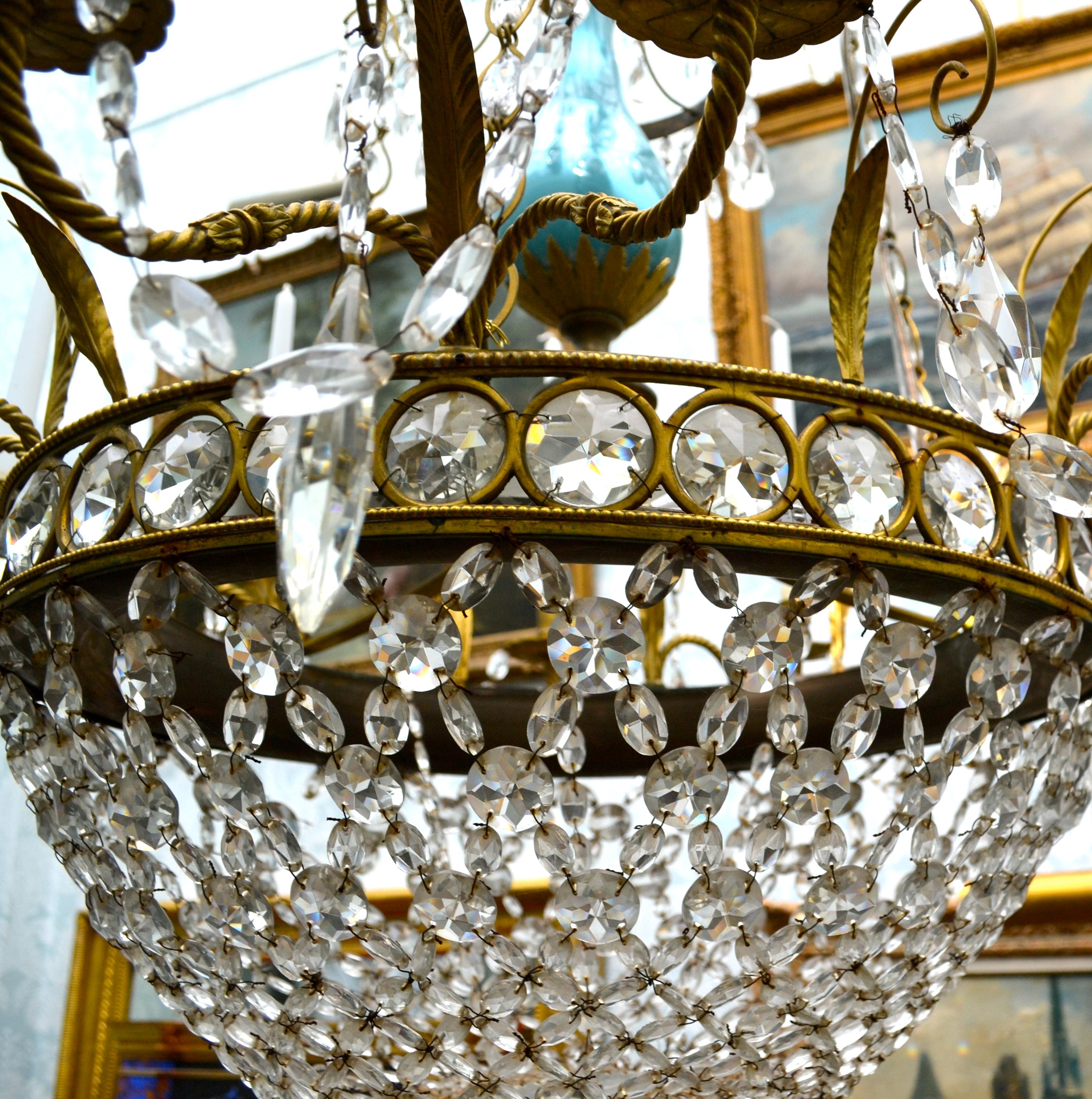 Russian or Swedish Empire  Crystal, Turquoise Glass and  Gilt Bronze Chandelier For Sale 7