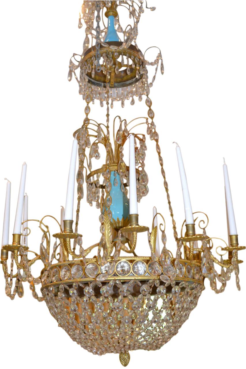 Russian or Swedish Empire  Crystal, Turquoise Glass and  Gilt Bronze Chandelier In Good Condition For Sale In Vancouver, British Columbia