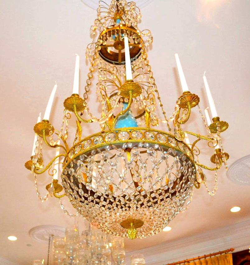Russian or Swedish Empire  Crystal, Turquoise Glass and  Gilt Bronze Chandelier For Sale 8