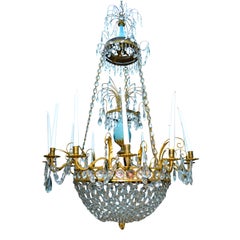 Russian or Swedish Empire  Crystal, Turquoise Glass and  Gilt Bronze Chandelier