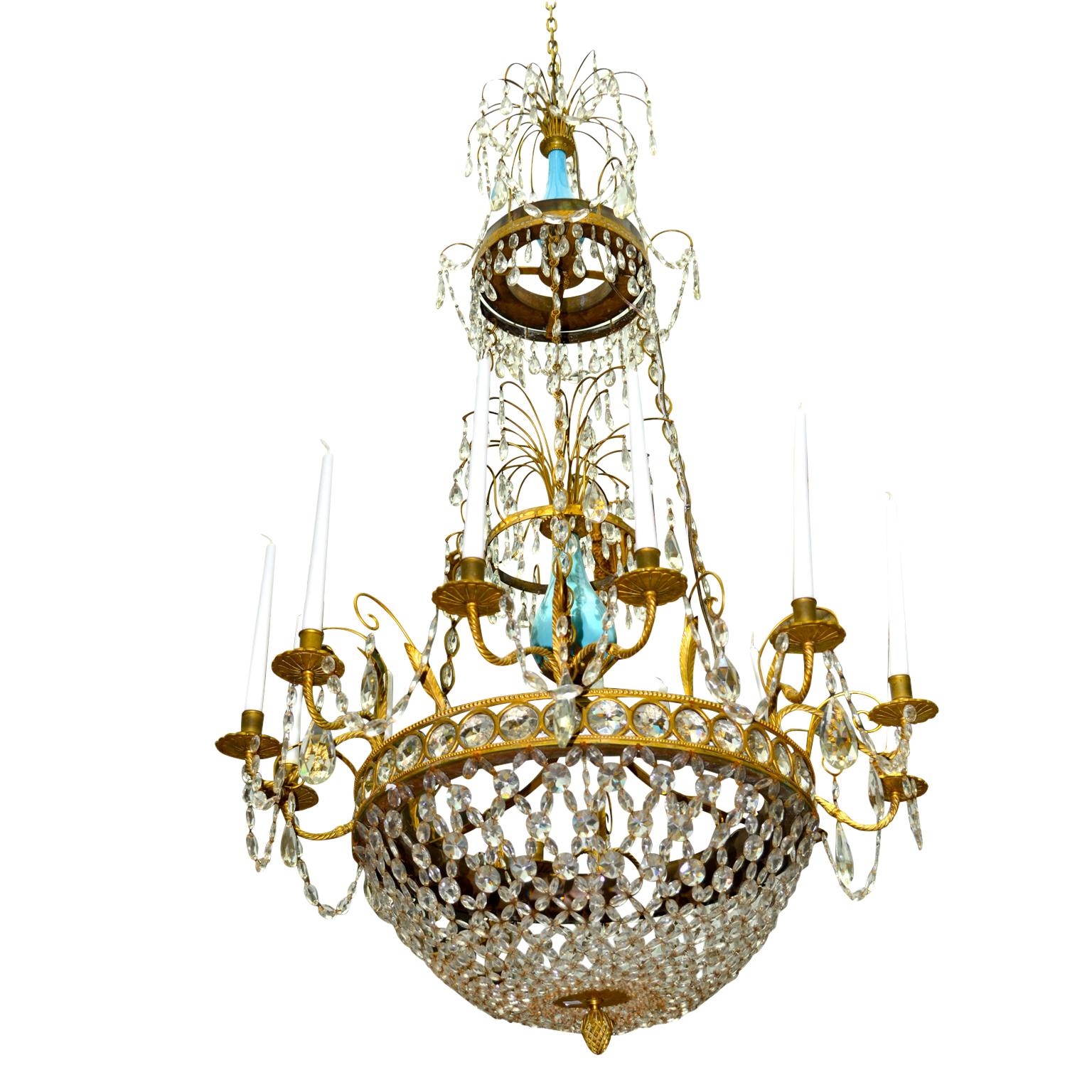 Hand-Crafted Russian or Swedish Empire  Crystal, Turquoise Glass and  Gilt Bronze Chandelier For Sale