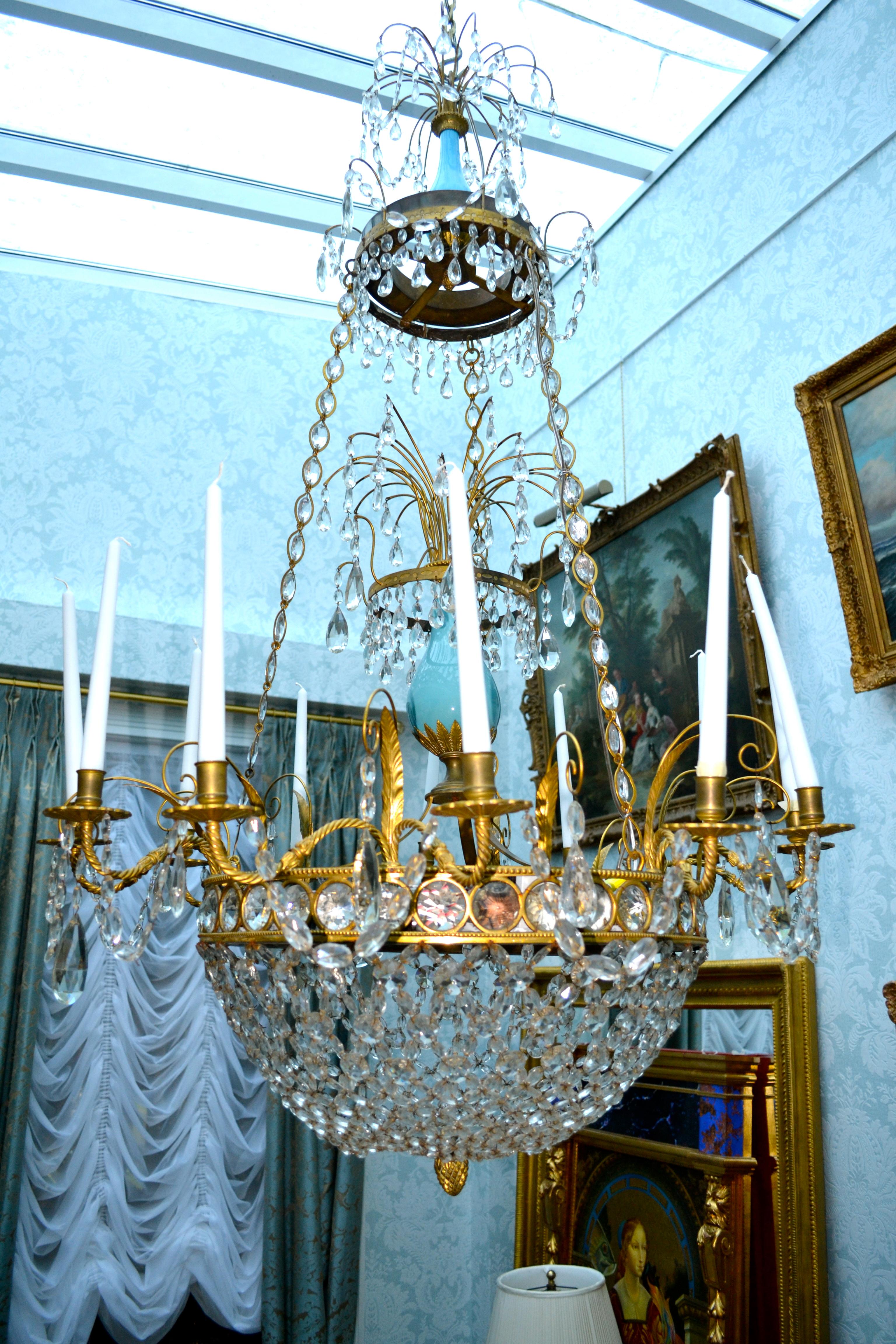 18th Century Russian or Swedish Empire  Crystal, Turquoise Glass and  Gilt Bronze Chandelier For Sale
