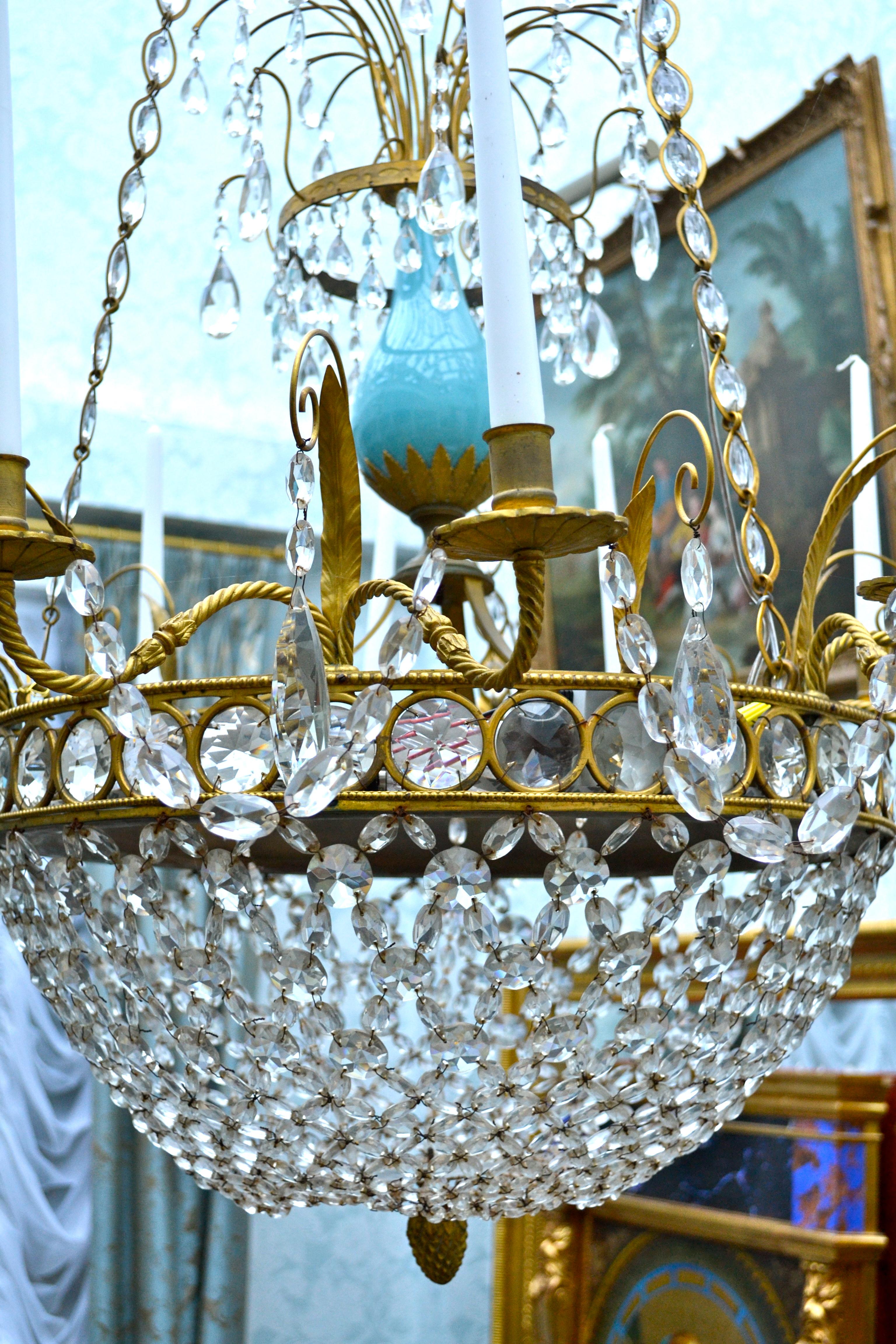 Russian or Swedish Empire  Crystal, Turquoise Glass and  Gilt Bronze Chandelier For Sale 1
