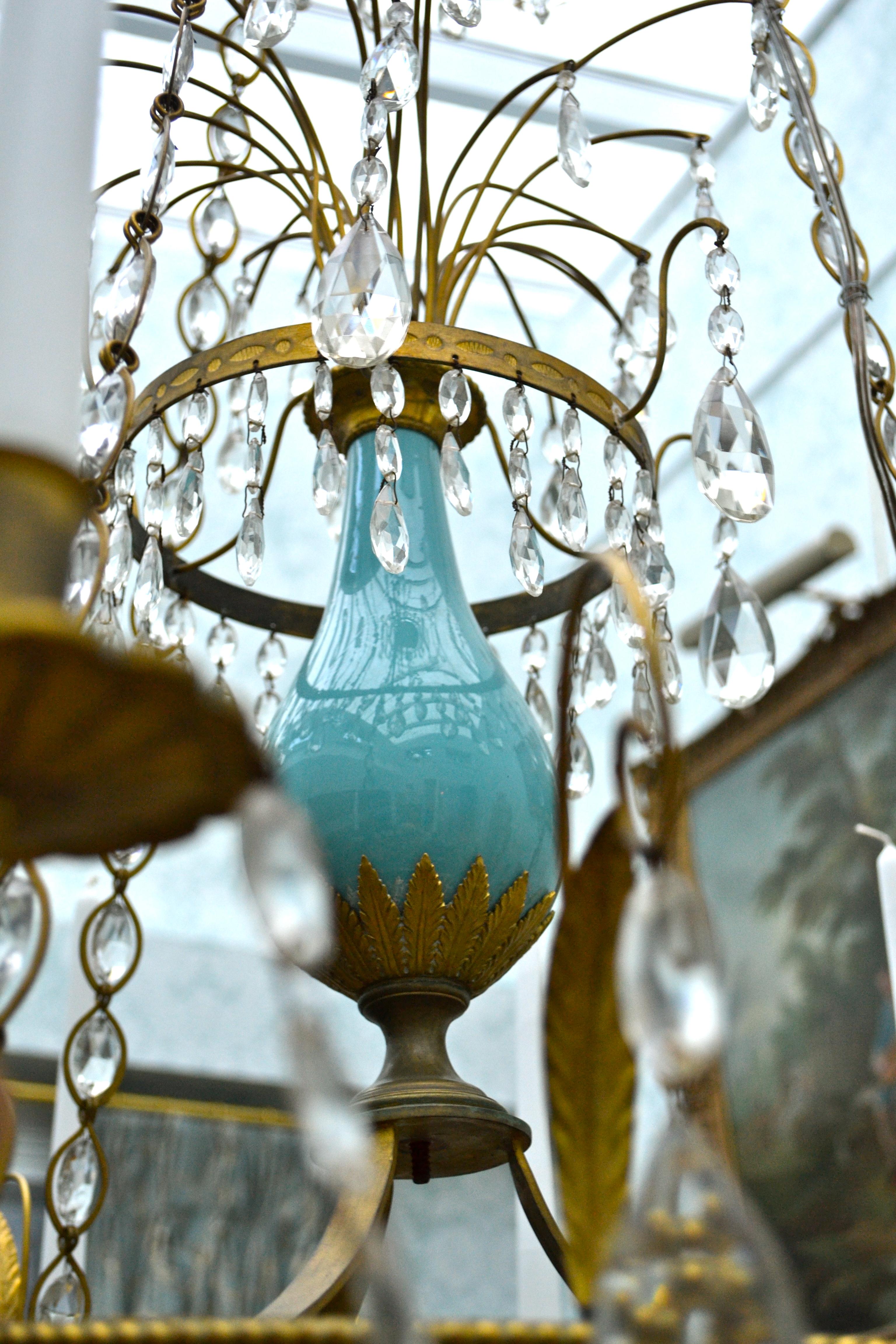 Russian or Swedish Empire  Crystal, Turquoise Glass and  Gilt Bronze Chandelier For Sale 2
