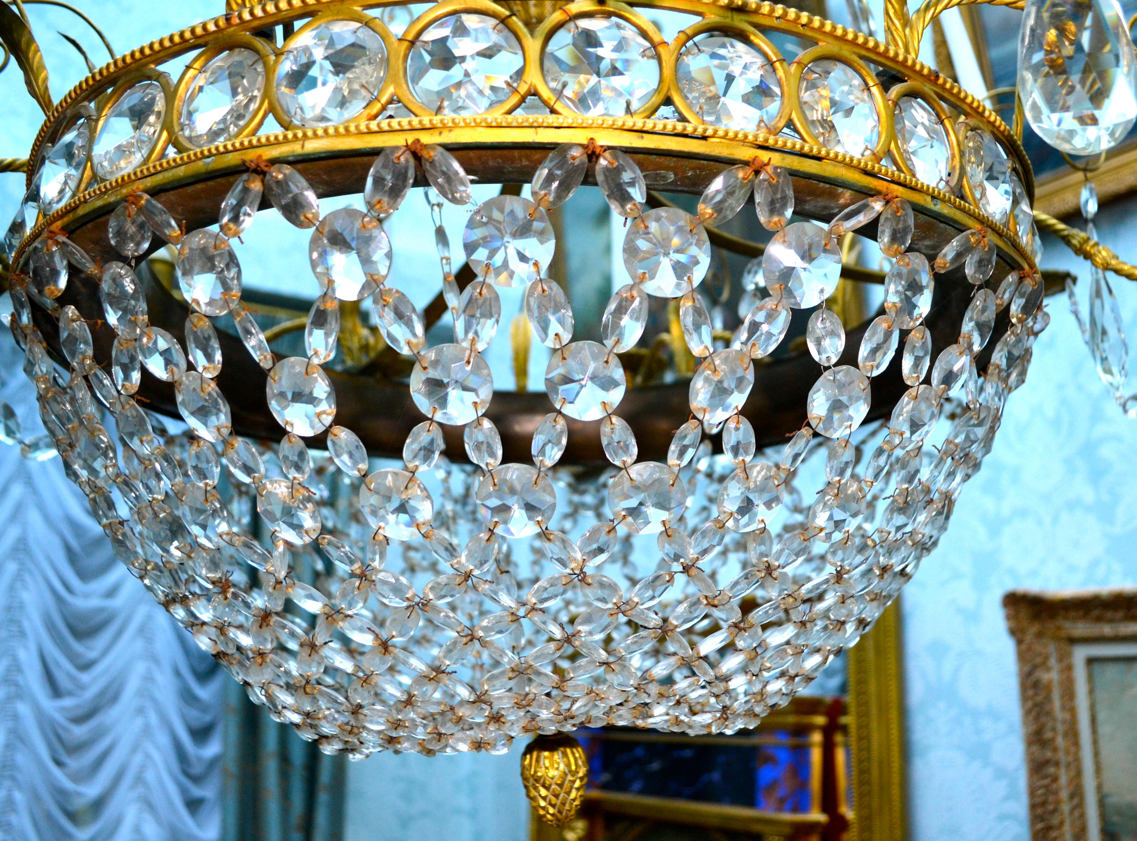 Russian or Swedish Empire  Crystal, Turquoise Glass and  Gilt Bronze Chandelier For Sale 3