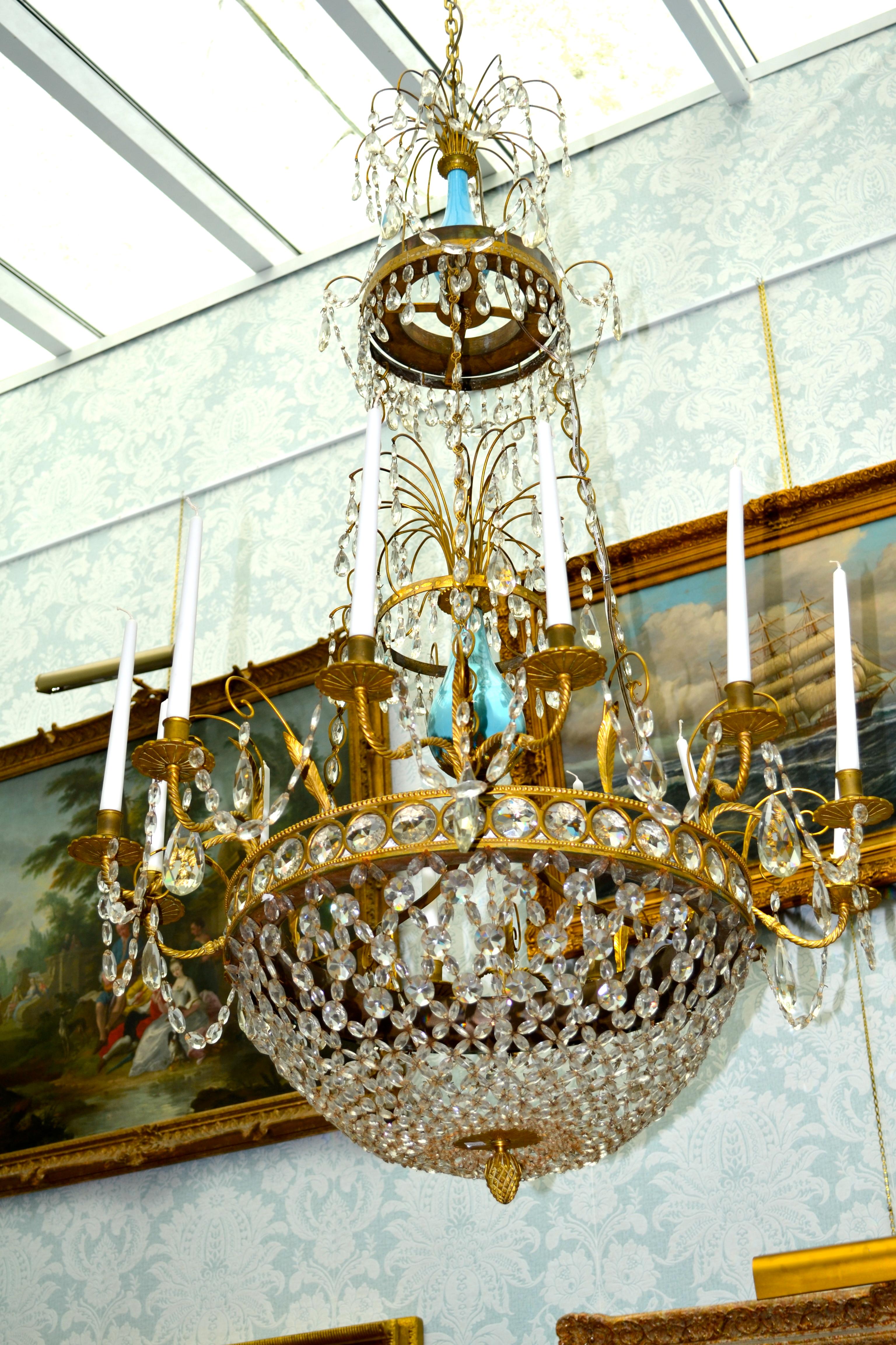 Russian or Swedish Empire  Crystal, Turquoise Glass and  Gilt Bronze Chandelier For Sale 4