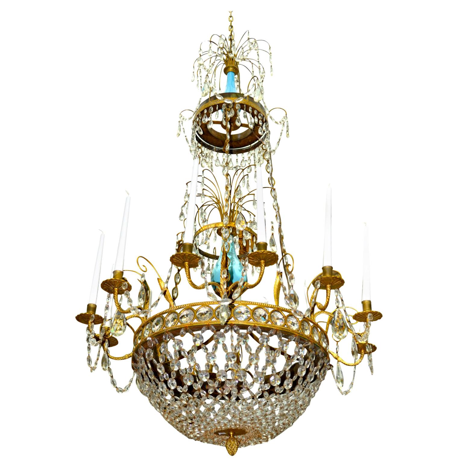 Russian or Swedish Empire  Crystal, Turquoise Glass and  Gilt Bronze Chandelier