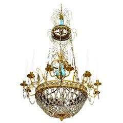 Antique Russian or Swedish Empire  Crystal, Turquoise Glass and  Gilt Bronze Chandelier