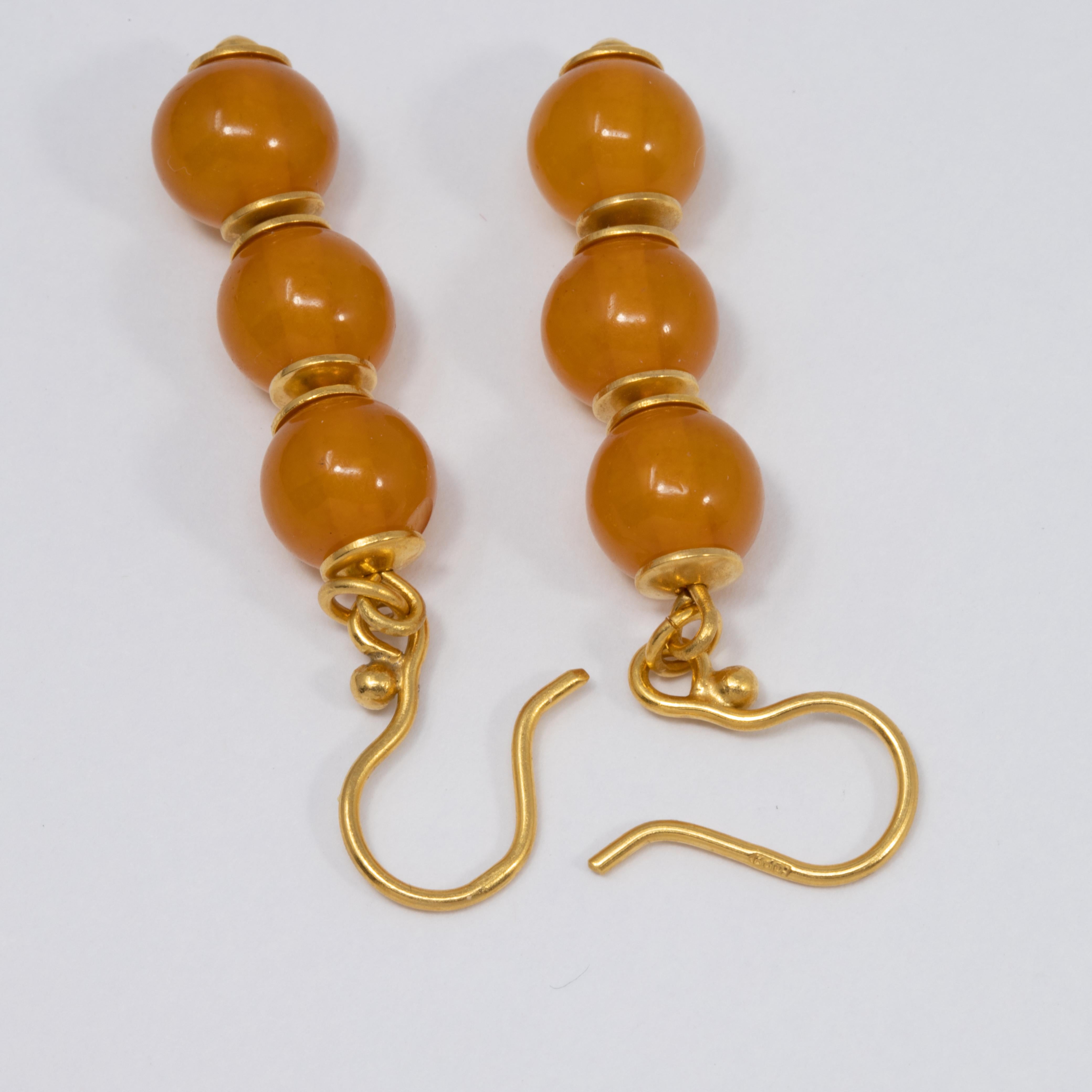 Women's or Men's Russian Orange Baltic Amber Bead Dangling Earrings in Gold, Early to Mid 1900s