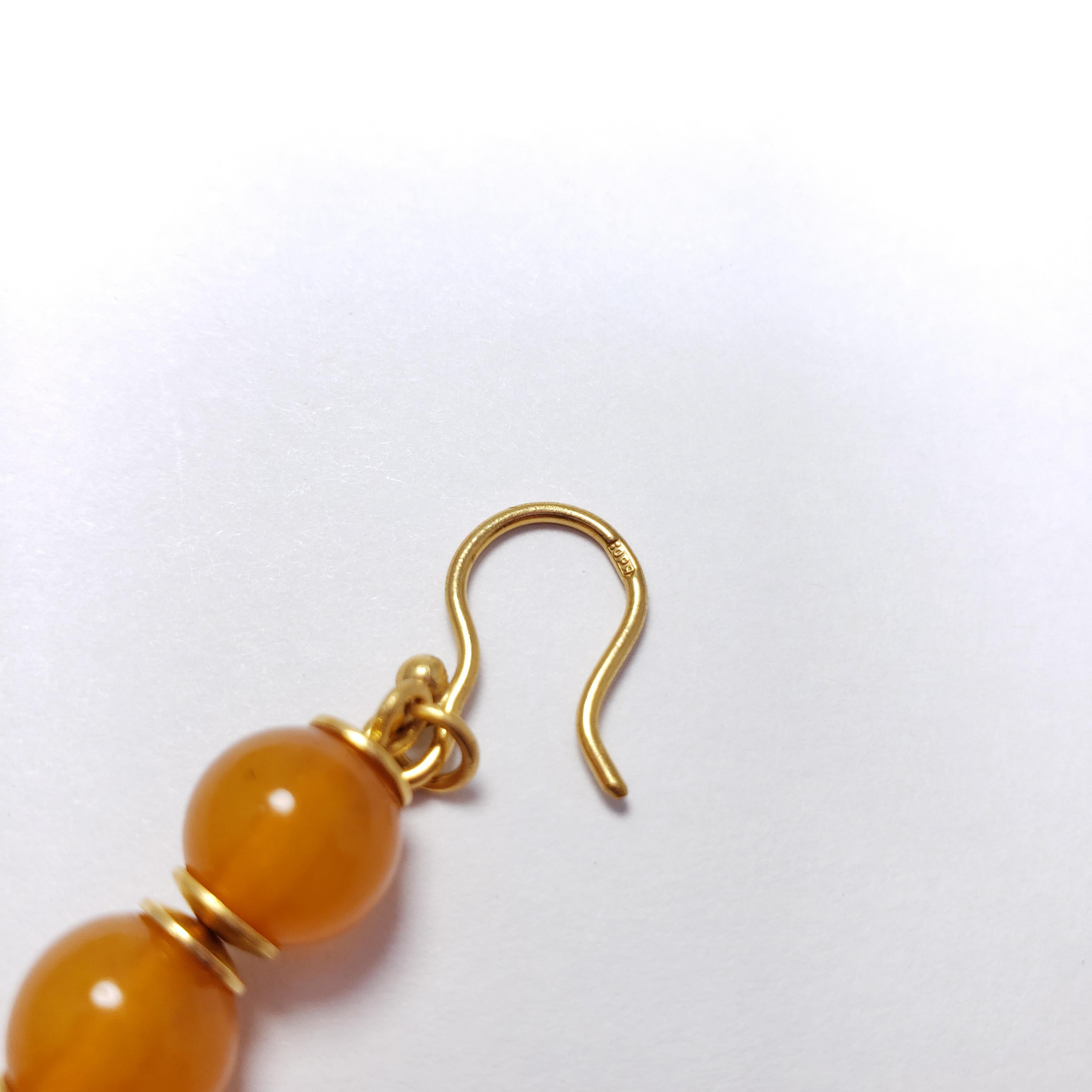 Russian Orange Baltic Amber Bead Dangling Earrings in Gold, Early to Mid 1900s 1