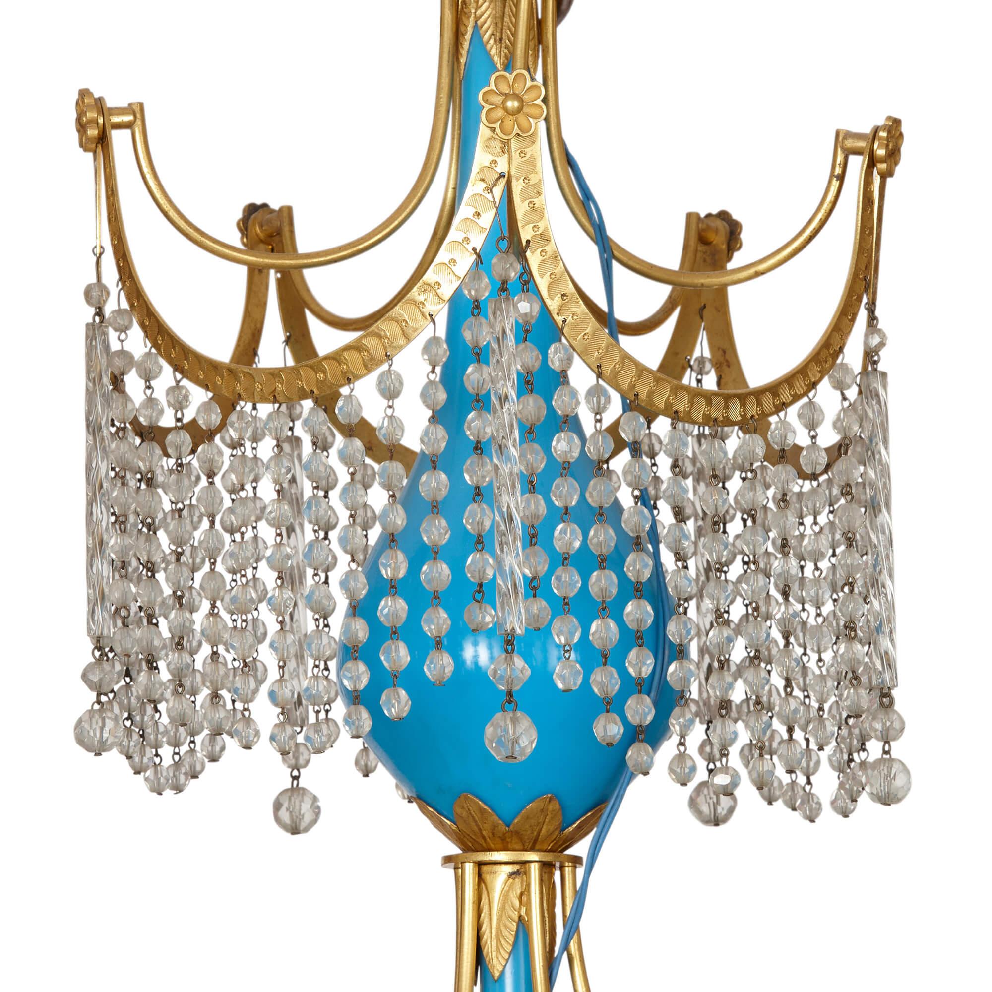 Empire Russian Cut-Glass, Ormolu, and Blue Porcelain Chandelier For Sale