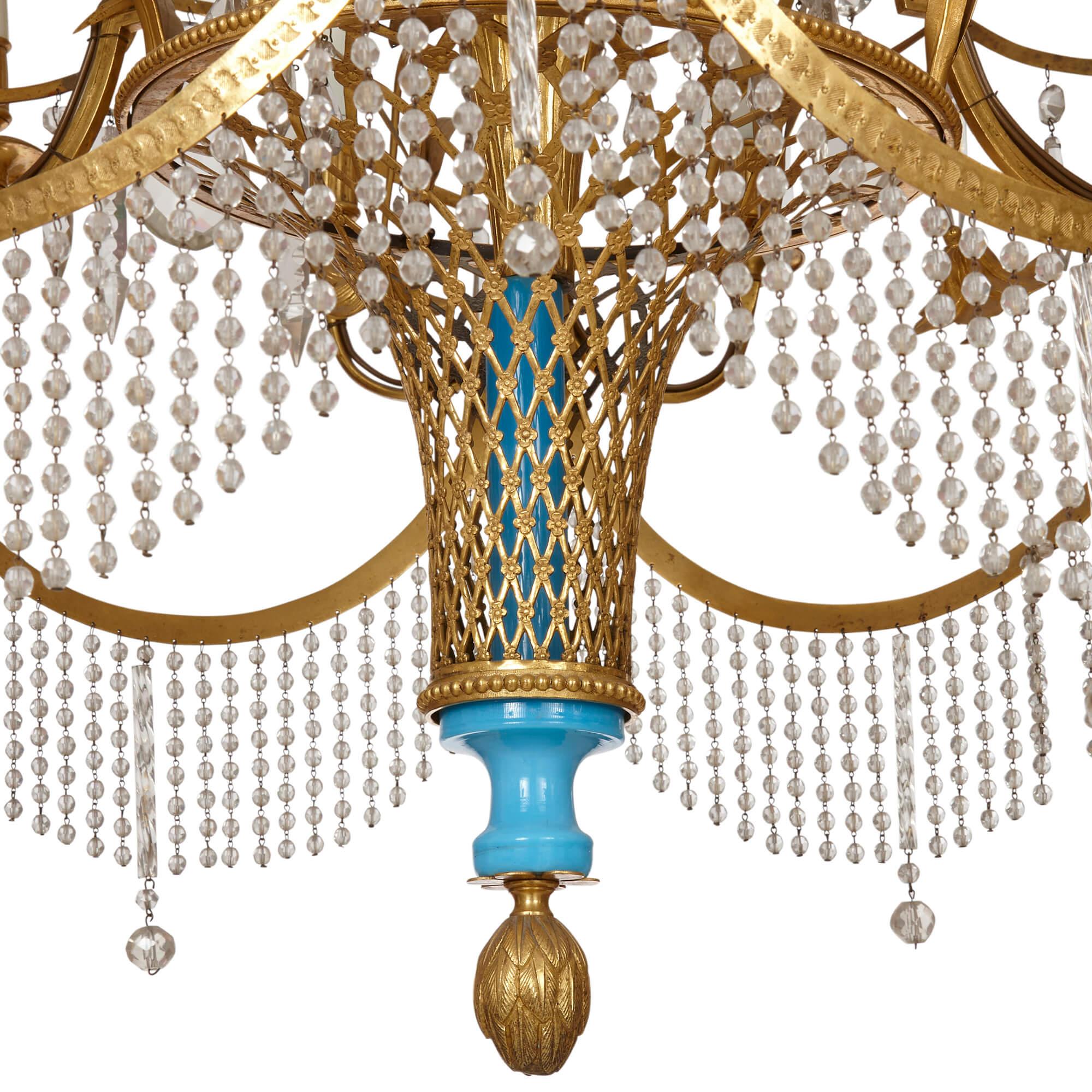 Russian Cut-Glass, Ormolu, and Blue Porcelain Chandelier In Good Condition For Sale In London, GB