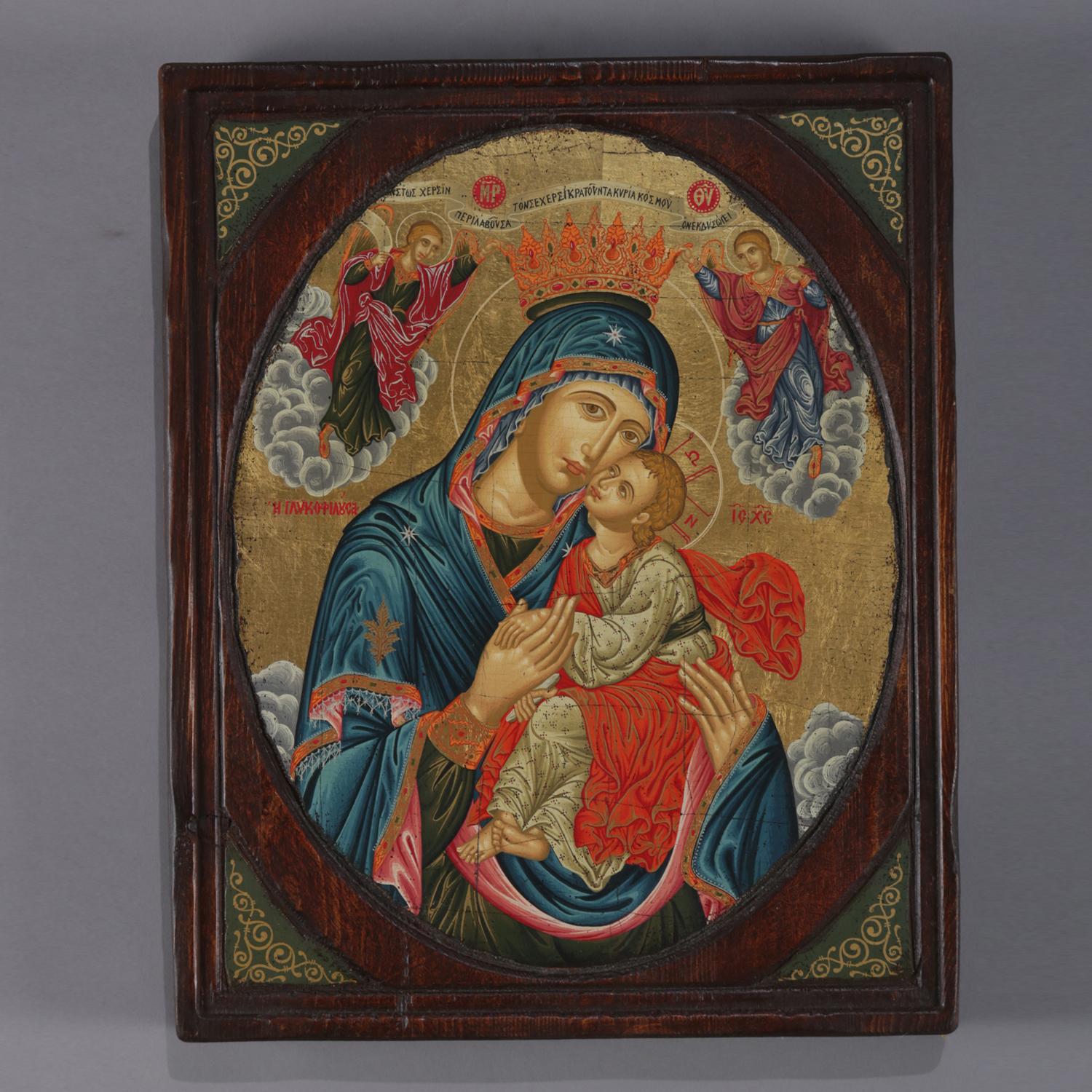 Russian Orthodox Icon, Mother Mary with Christ Child, 20th Century In Good Condition In Big Flats, NY