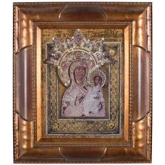 Vintage Russian Orthodox Icon Mother of God Gilded Print on Leander Porcelain