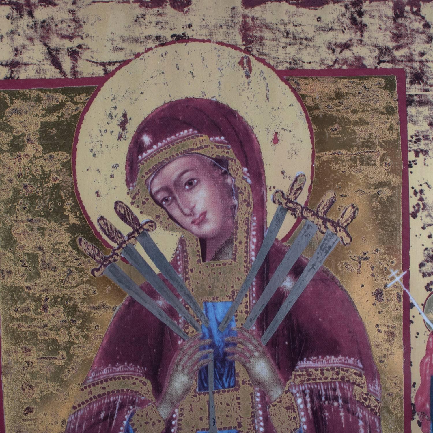 Russian orthodox icon depicts our lady of Sorrows printed on porcelain with hand gilt accents, en verso reads 